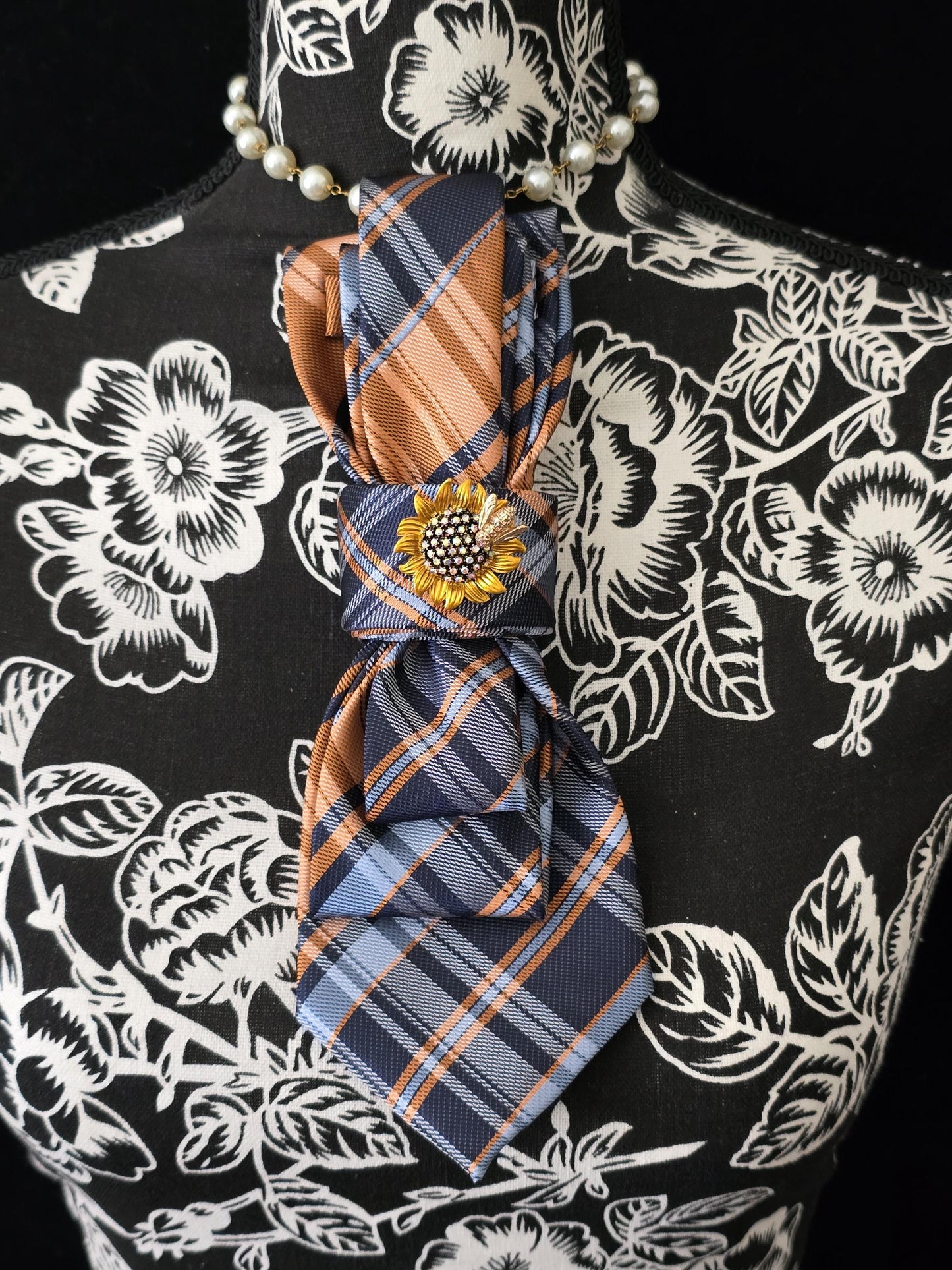 Sunflower Brooch- Blue Plaid Women's Necktie Necklace - Handcrafted Jewelry - Brooch Necktie - Stylish Neckwear For Women
