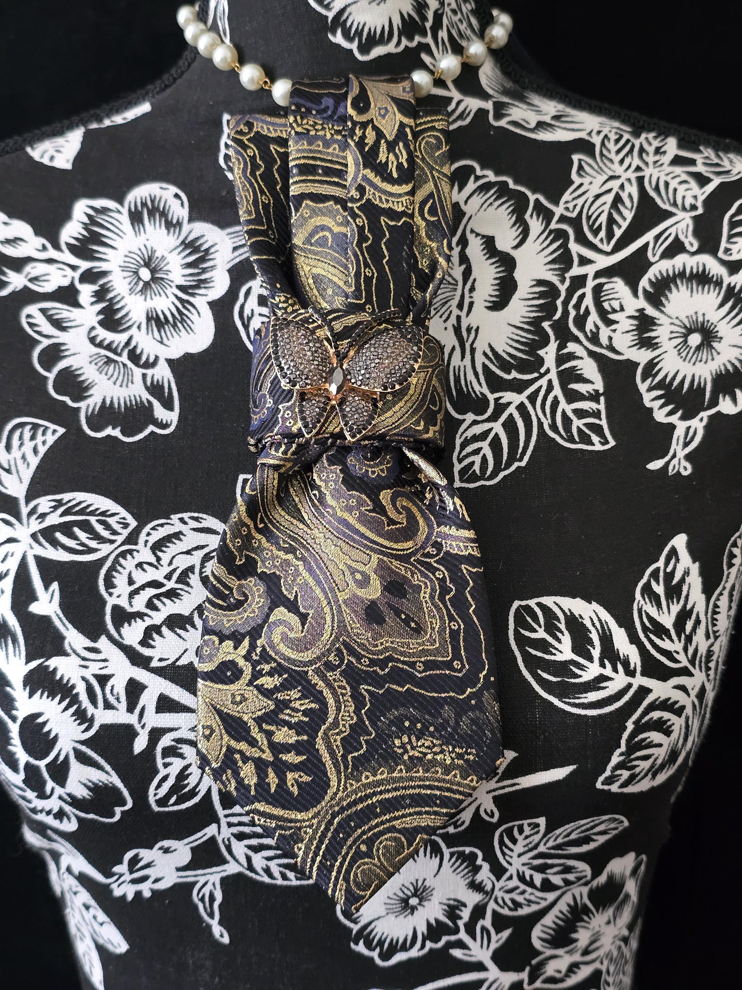 Butterfly Brooch Necklace - Black and Gold Paisley Women's Tie-Handcrafted Statement Jewelry - Brooch Necktie - Stylish Neckwear For Women