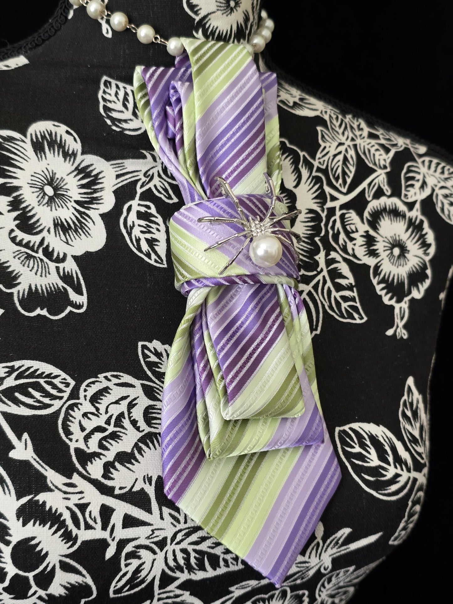 Simple Purple and Green Stripe Women's Tie- Brooch Necklace - Handcrafted Statement Jewelry - Brooch Necktie - Stylish Neckwear For Women