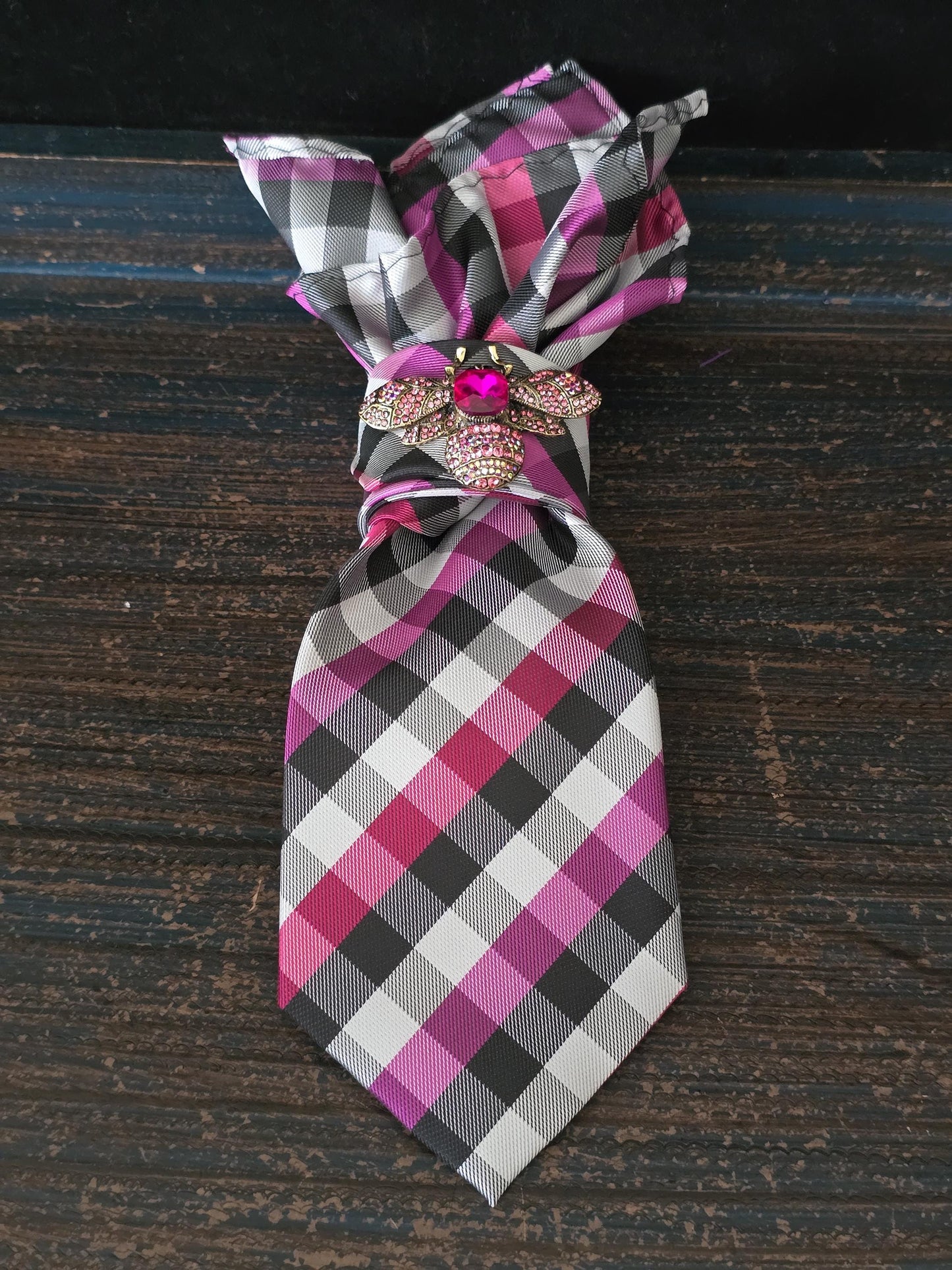 Pink and Black Plaid Women's Tie- Bumble Bee Brooch Necklace - Handcrafted Statement Jewelry - Brooch Necktie - Stylish Neckwear For Women