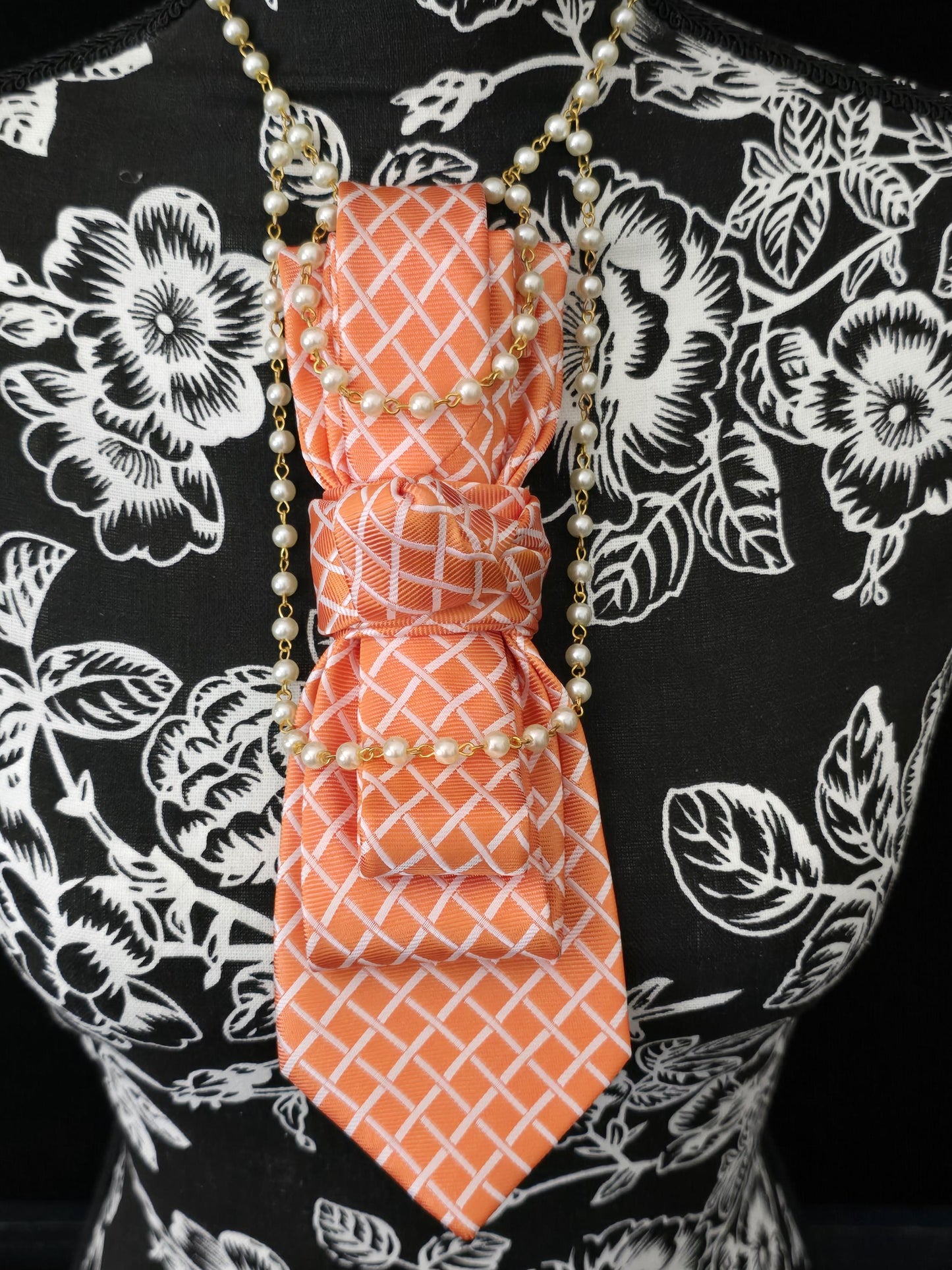 Women's Orange and White Necktie Necklace - Brooch Necktie For Women