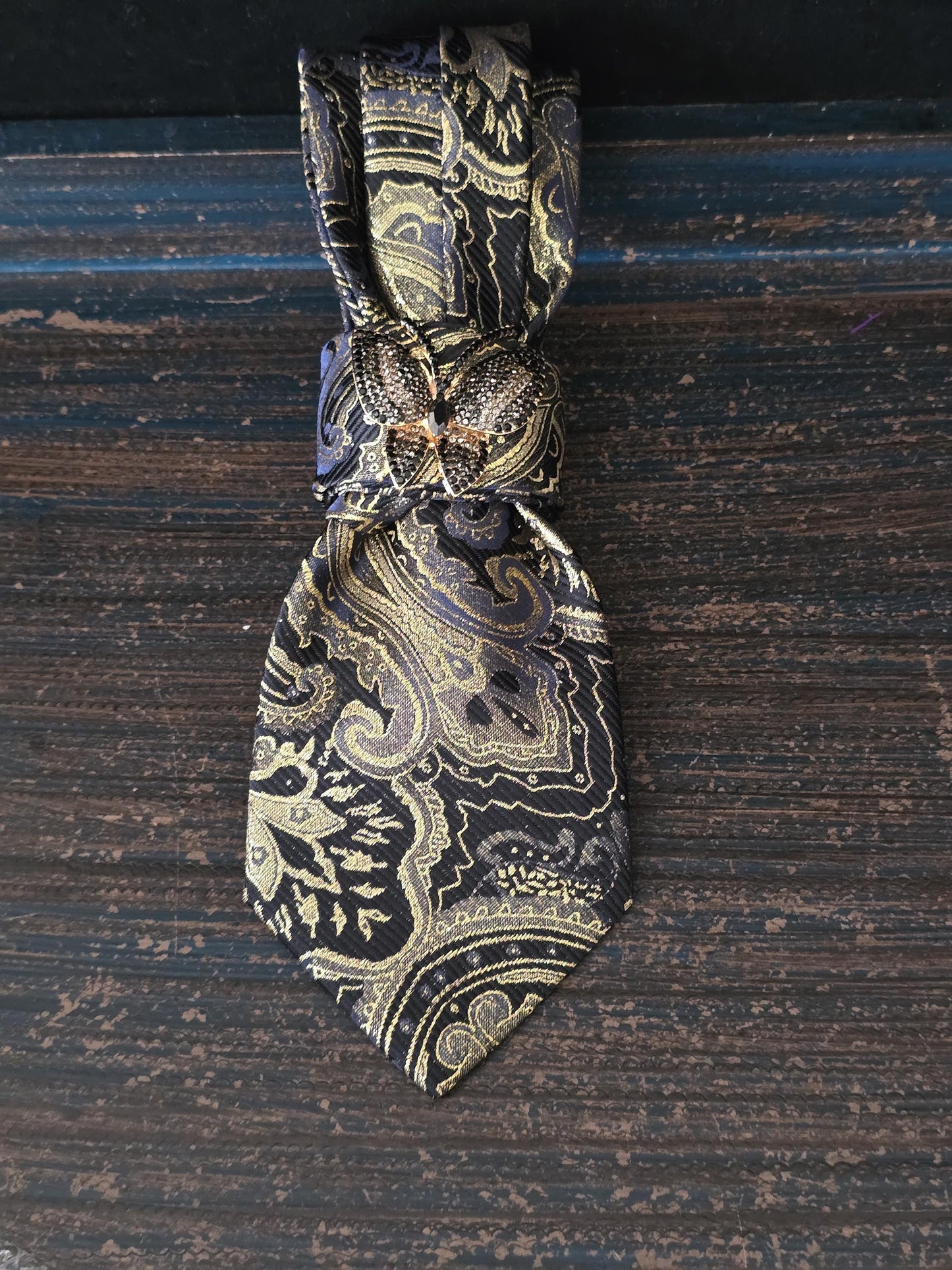 Butterfly Brooch Necklace - Black and Gold Paisley Women's Tie-Handcrafted Statement Jewelry - Brooch Necktie - Stylish Neckwear For Women