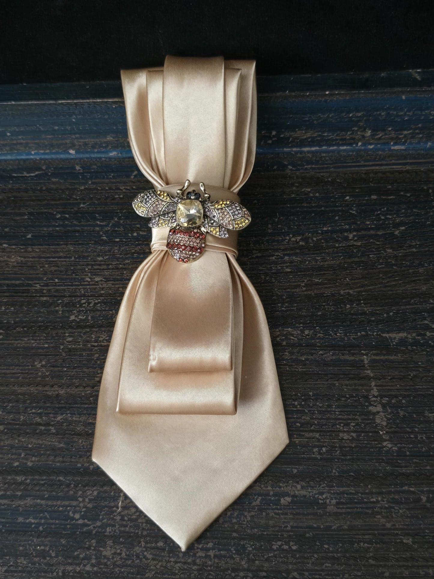Brown Satin Women's Tie- Bumble Bee Brooch Necklace - Brooch Necktie -Stylish Neckwear For Women