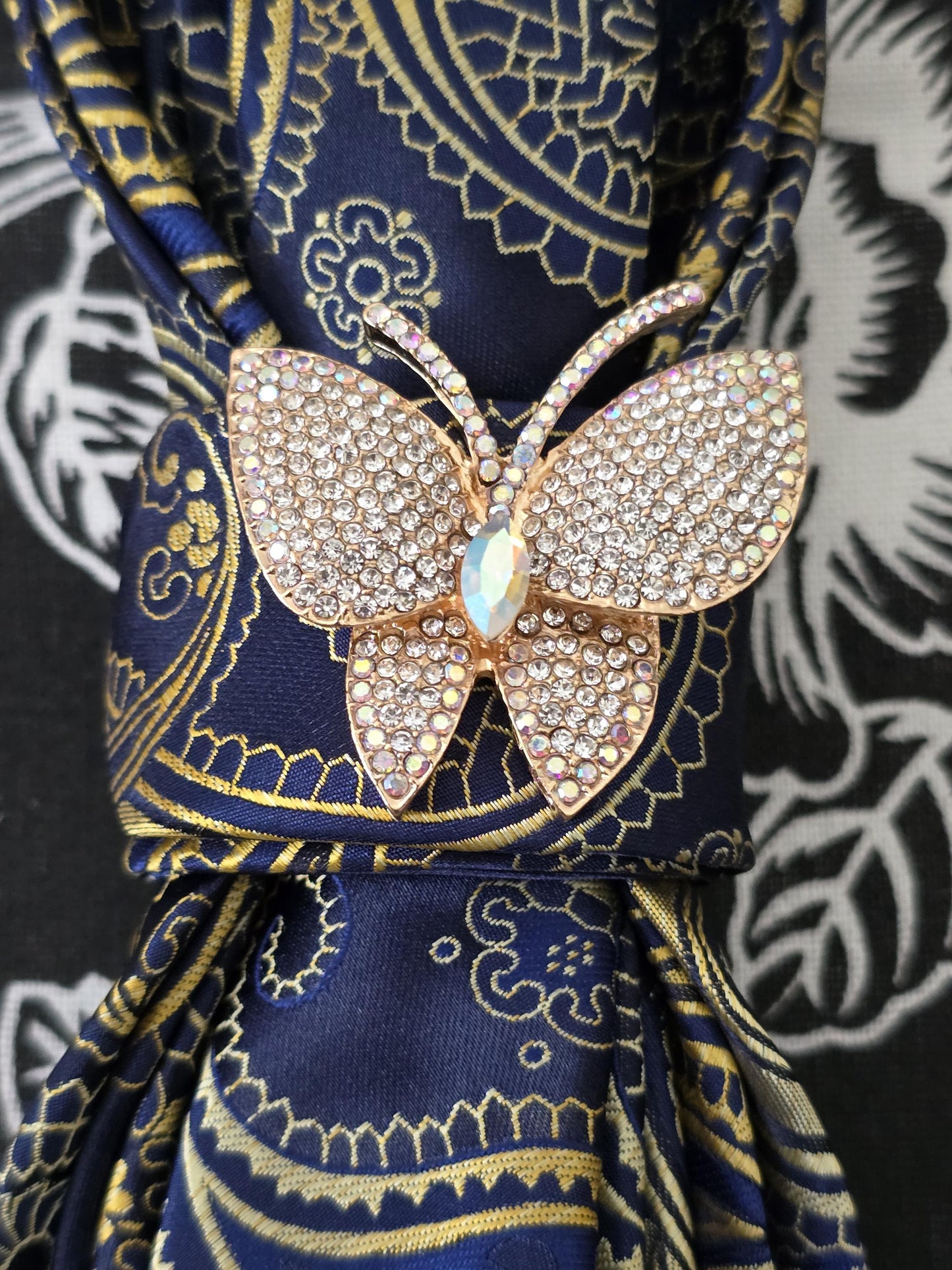 Butterfly Brooch Necklace - Blue and Gold Paisley Women's Tie- Brooch Necktie - Stylish Neckwear For Women