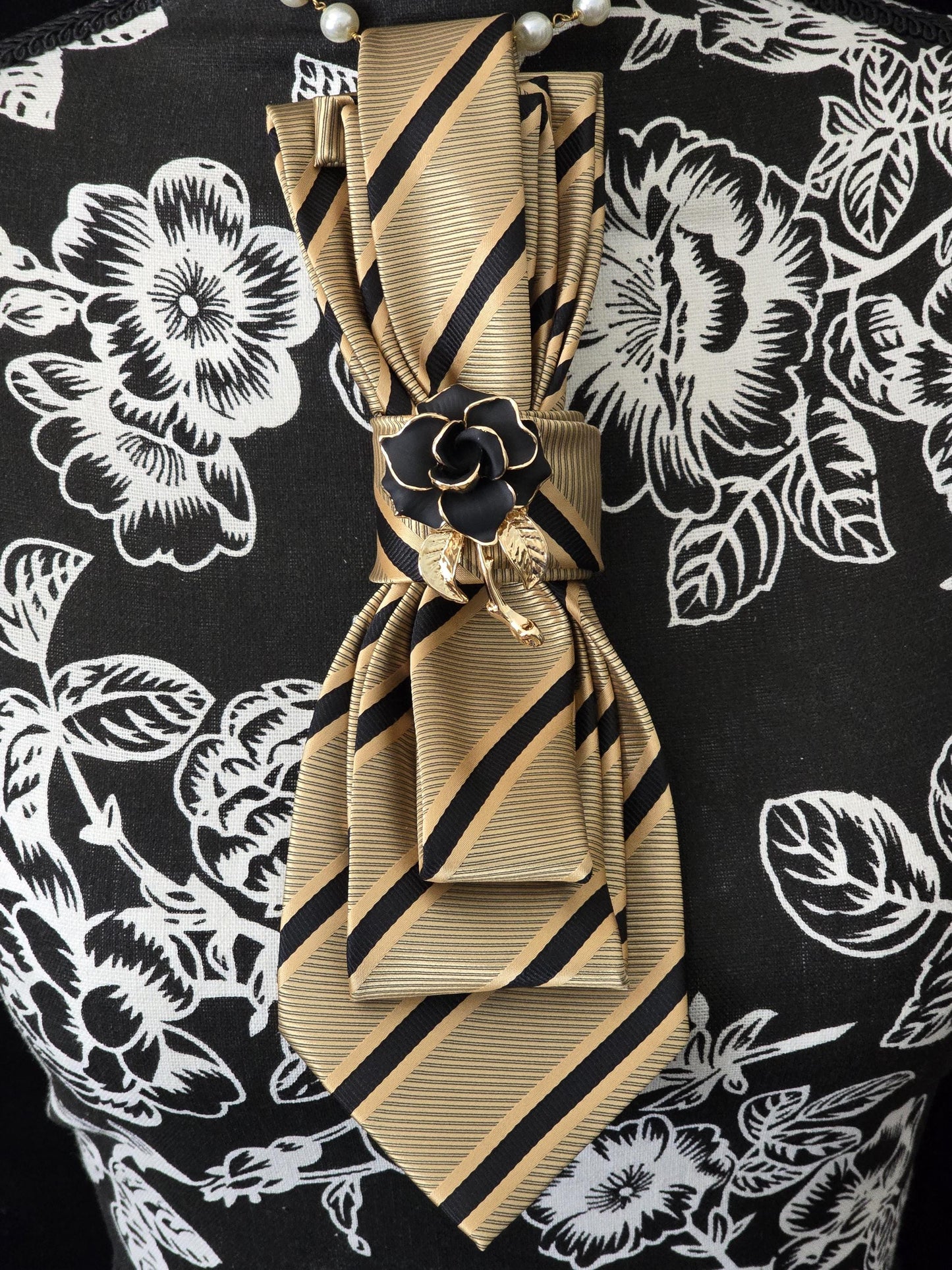 Brooch Necktie - Simply Elegant Black and Gold Stripe Women's Necktie Necklace - Elegant women's tie - Stylish Neckwear For Women