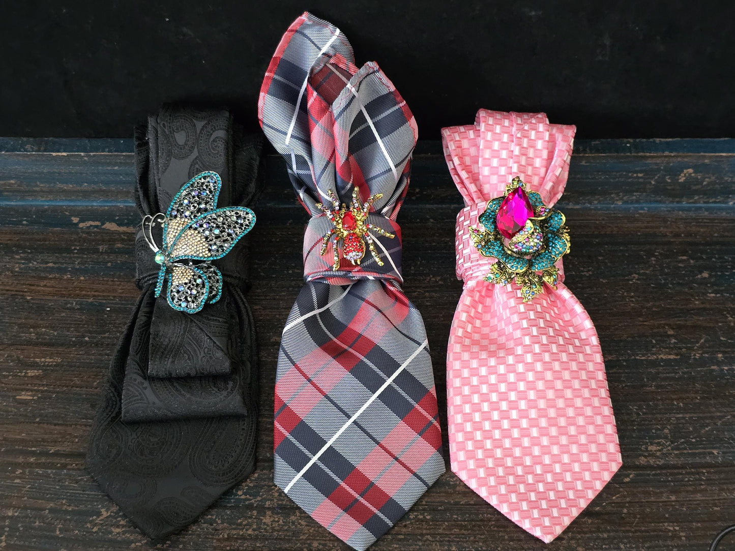 Black Paisley Women's Tie- Butterfly Brooch Necklace - Brooch Necktie - Stylish Neckwear For Women