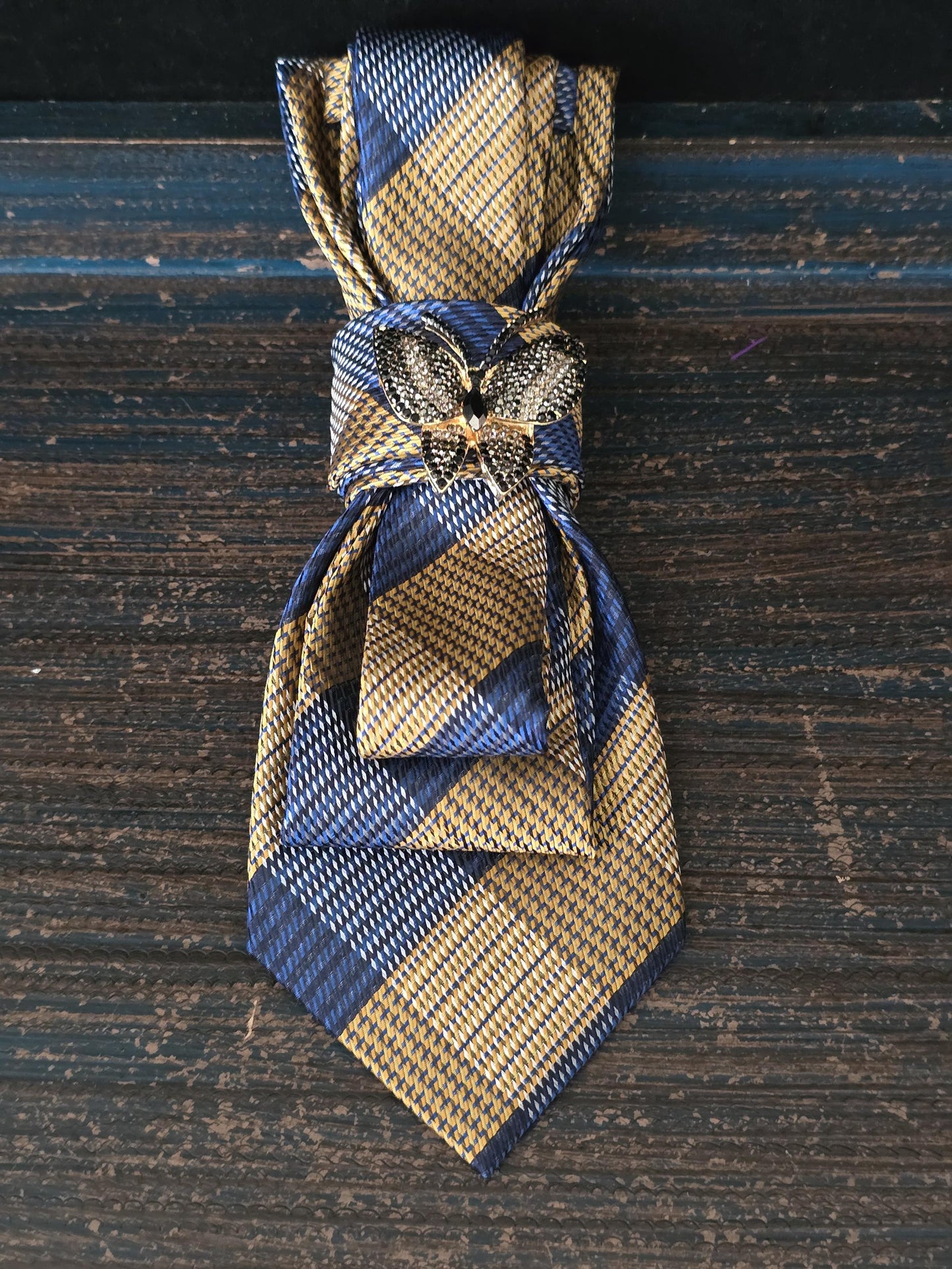 Simple Blue and Brown Plaid Women’s Necktie Necklace - Fashion Ties For Women - Brooch Necktie - Stylish Neckwear For Women