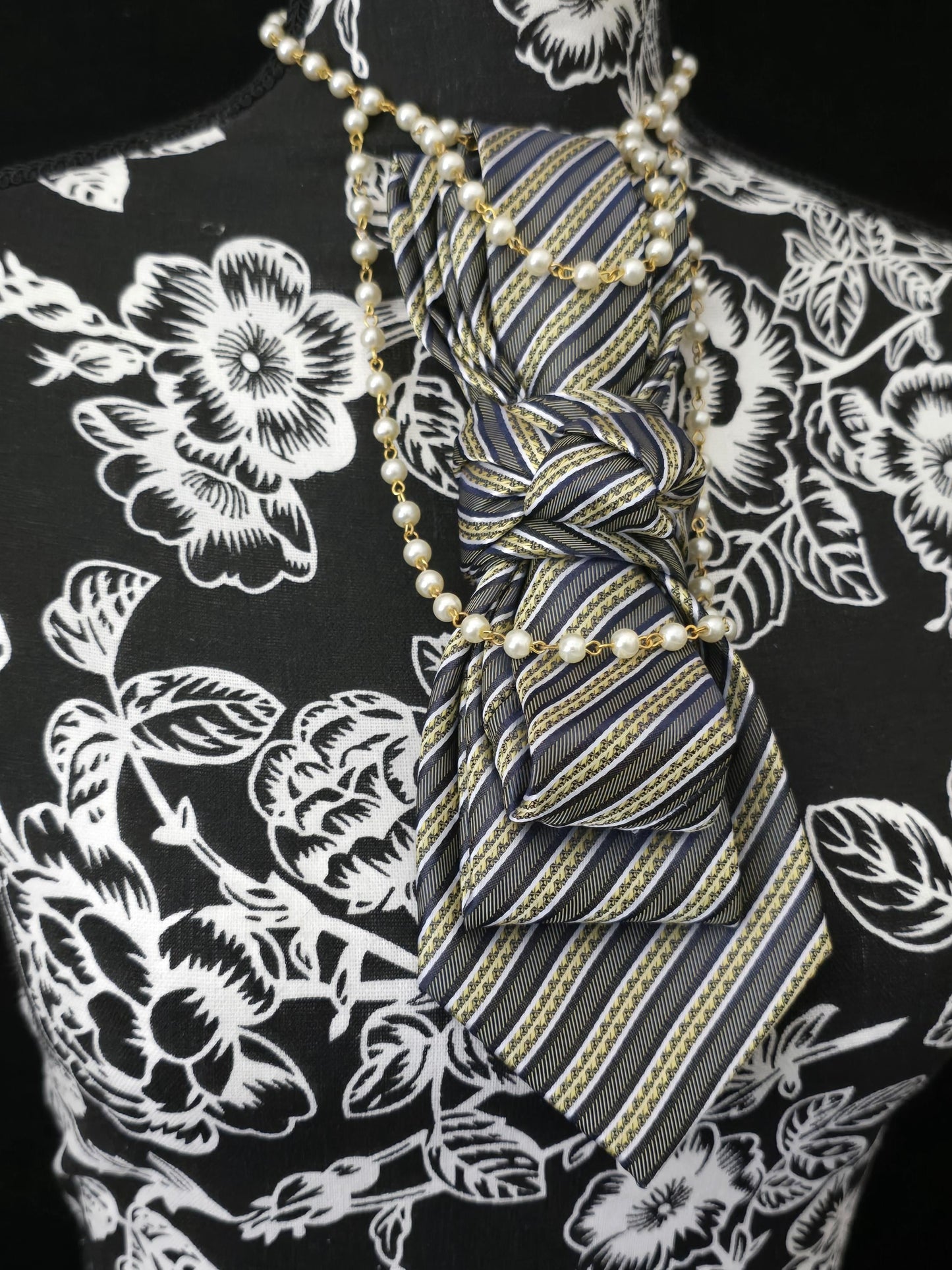 Women's Black and Gray Striped Necktie Necklace - Handcrafted Statement Jewelry - Brooch Necktie For Women