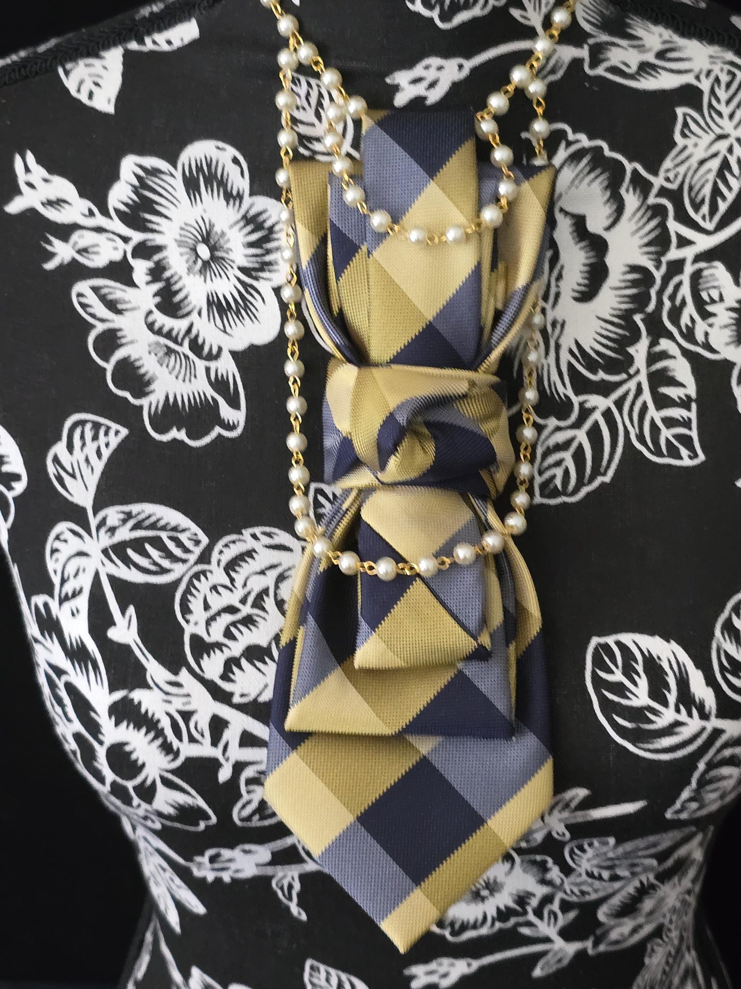 Women's Blue and Gold Plaid Necktie Necklace - Handcrafted Statement Jewelry - Brooch Necktie For Women