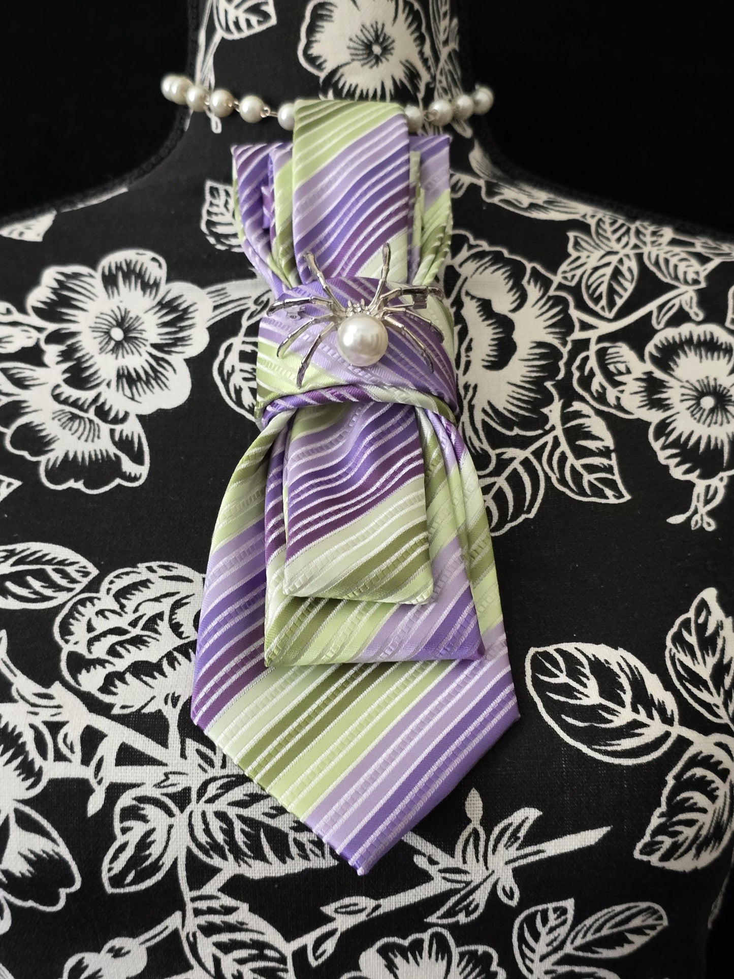 Simple Purple and Green Stripe Women's Tie- Brooch Necklace - Handcrafted Statement Jewelry - Brooch Necktie - Stylish Neckwear For Women