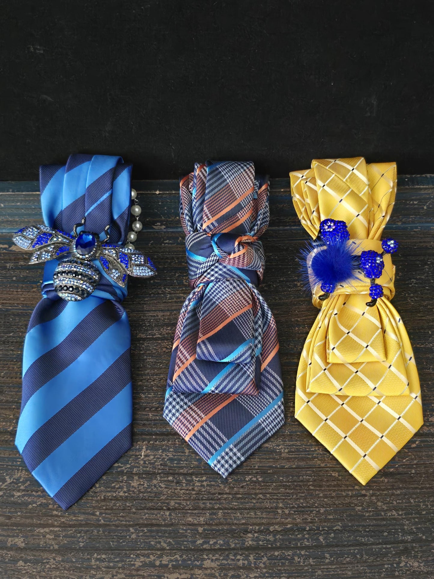 Blue Stripe Women's Necktie Necklace - Brooch Necktie - Stylish Neckwear For Women