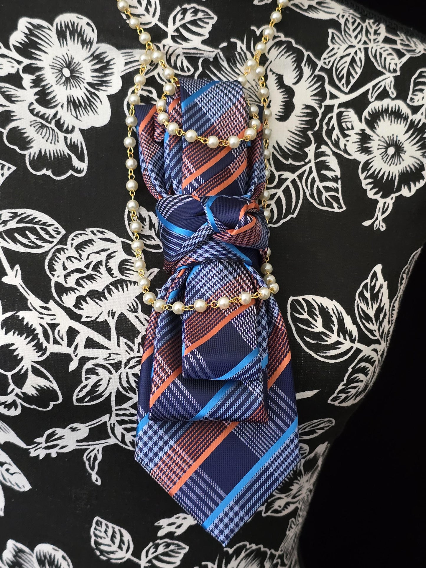 Women's Blue and Orange Plaid Necktie Necklace - Handcrafted Statement Jewelry - Brooch Necktie For Women