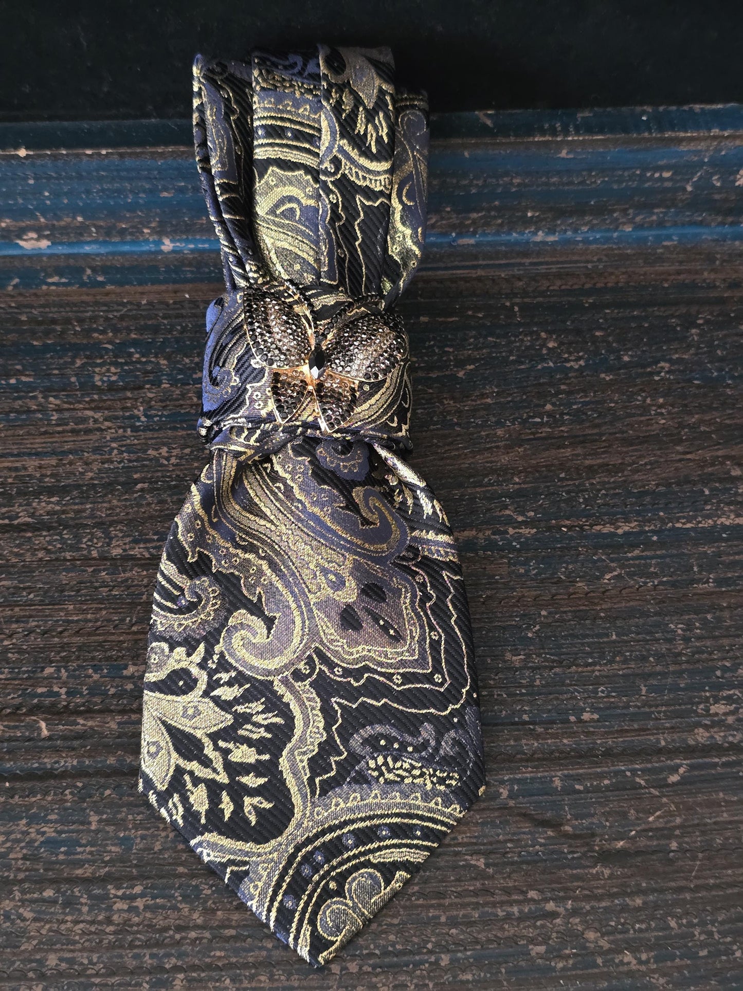 Butterfly Brooch Necklace - Black and Gold Paisley Women's Tie-Handcrafted Statement Jewelry - Brooch Necktie - Stylish Neckwear For Women