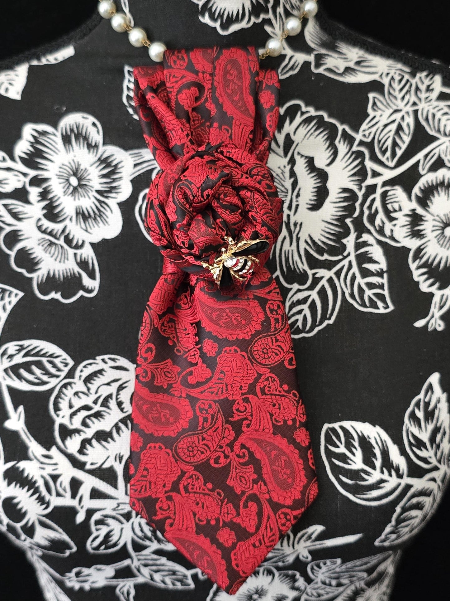 Simply Elegant Red Paisley Women's Necktie Necklace - Handcrafted Statement Jewelry - Brooch Necktie - Stylish Neckwear For Women