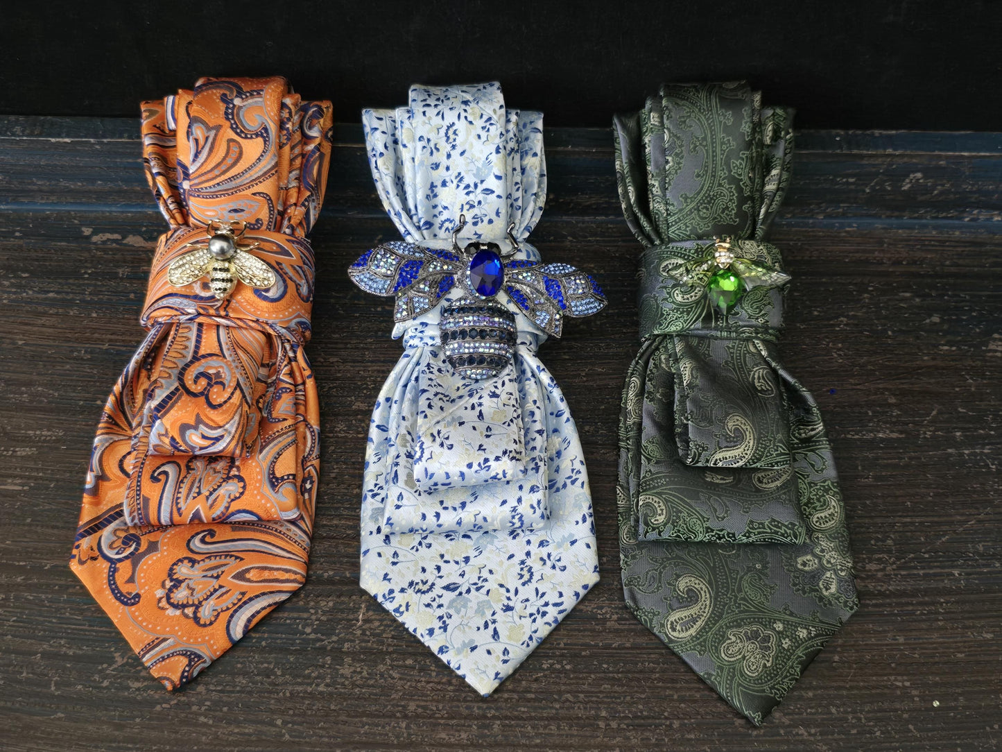Green and Gray Paisley Women's Tie- Firefly Brooch Necklace - Handcrafted Statement Jewelry - Brooch Necktie -Stylish Neckwear For Women
