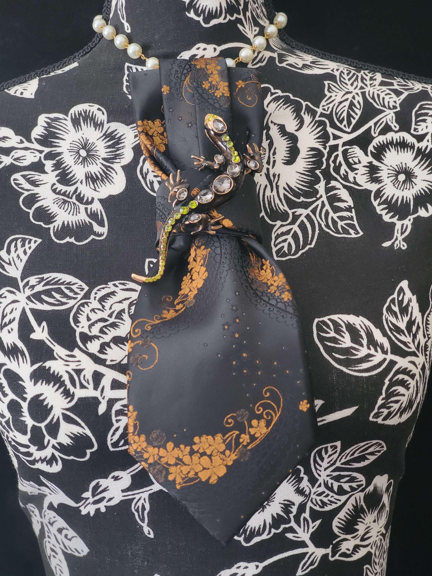 Simply Elegant Black and Gold Women's Necktie Necklace- Handcrafted Statement Jewelry - Brooch Necktie - Stylish Neckwear For Women
