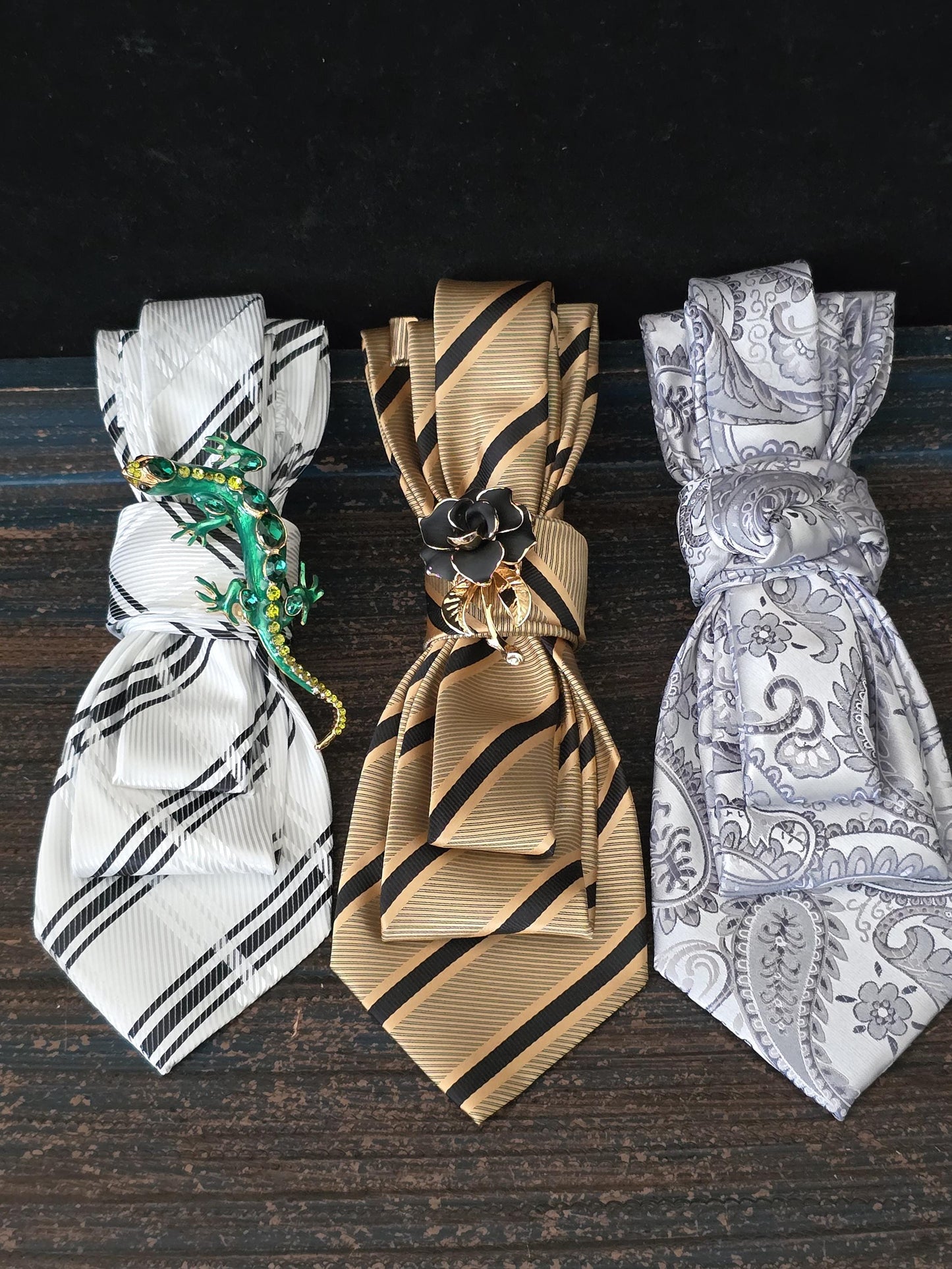 Stylish Black and White Stripe Women’s Necktie Necklace - Brooch Necklace - Handcrafted Statement Jewelry -Stylish Neckwear For Women