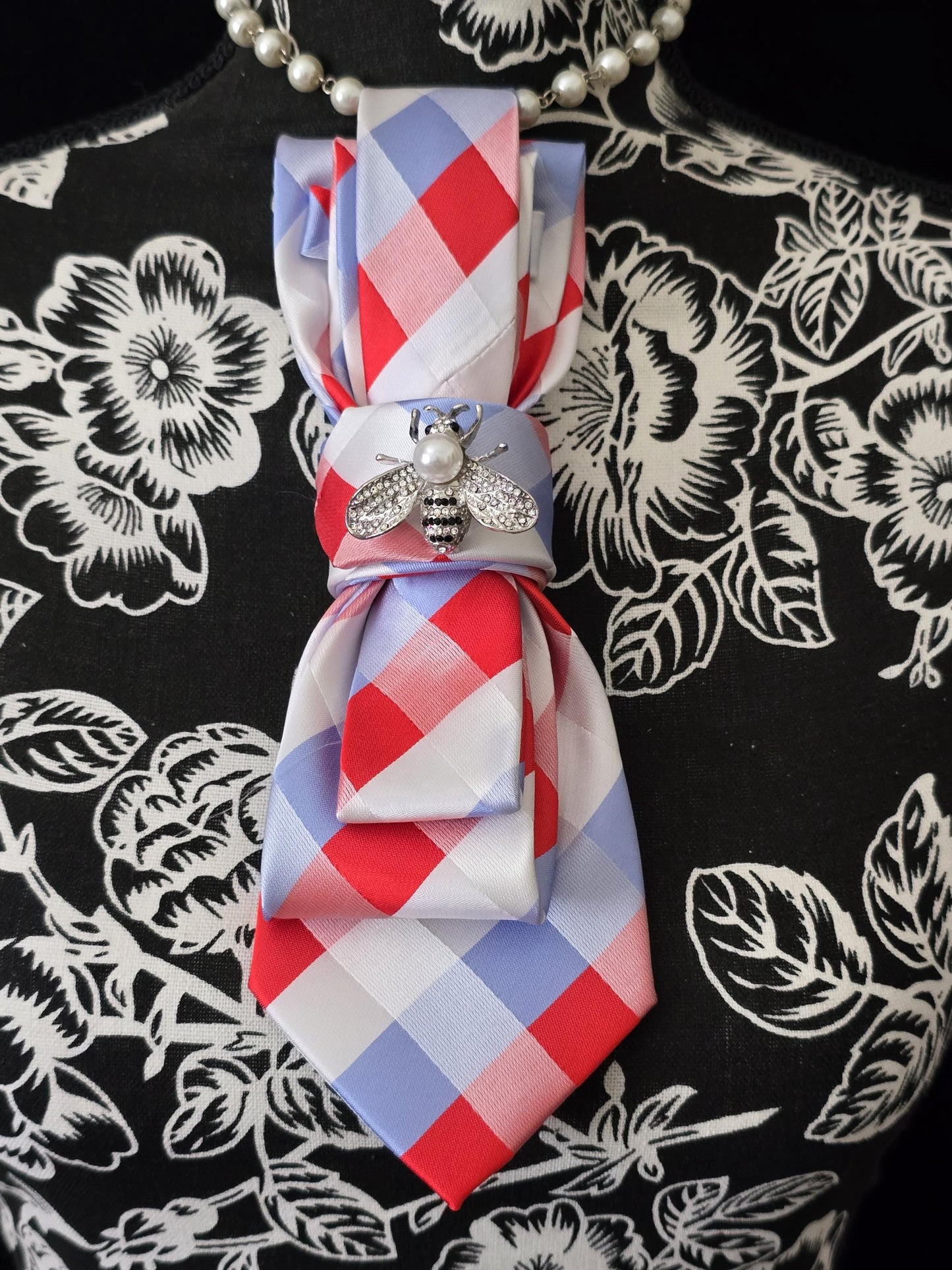 Red, White and Blue Plaid Women's Tie-Brooch Necklace - Handcrafted Statement Jewelry - Brooch Necktie -Stylish Neckwear For Women