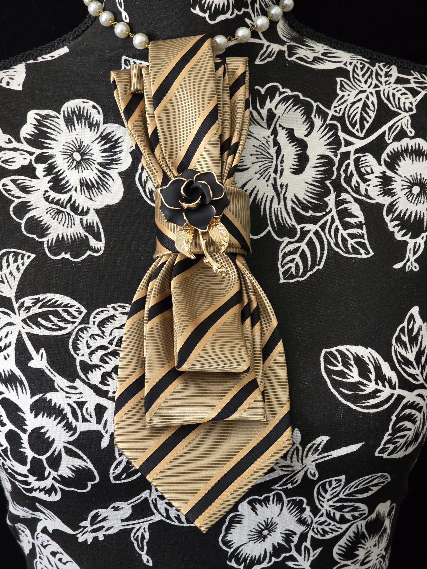 Brooch Necktie - Simply Elegant Black and Gold Stripe Women's Necktie Necklace - Elegant women's tie - Stylish Neckwear For Women