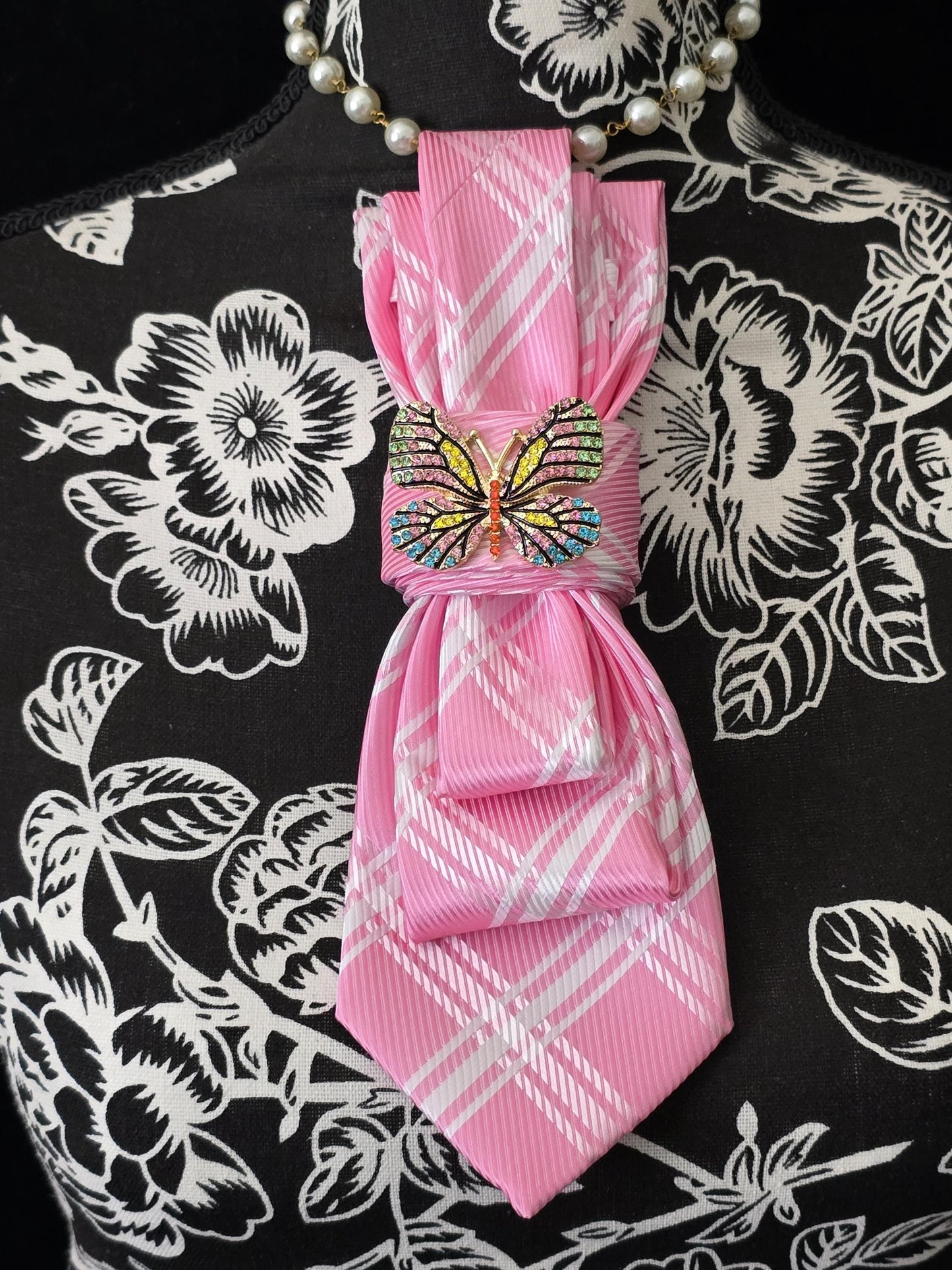 Pink and White Women's Necktie Necklace - Brooch Necktie - Stylish Neckwear For Women