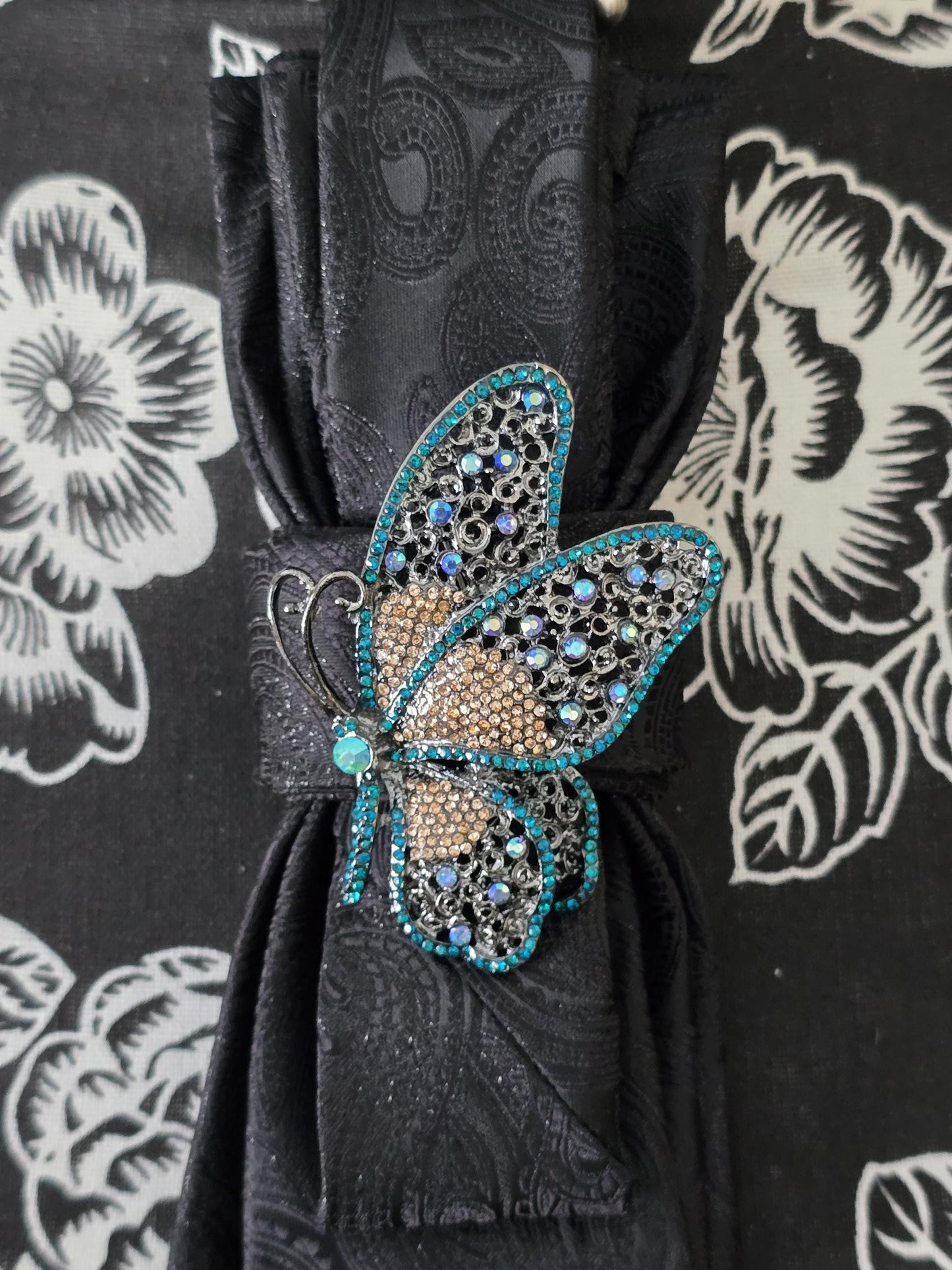 Black Paisley Women's Tie- Butterfly Brooch Necklace - Brooch Necktie - Stylish Neckwear For Women