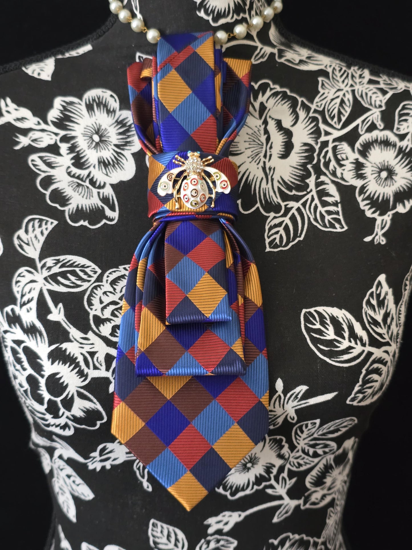 Multi Color Plaid Women's Tie-Brooch Necklace - Handcrafted Statement Jewelry - Brooch Necktie - Stylish Neckwear For Women