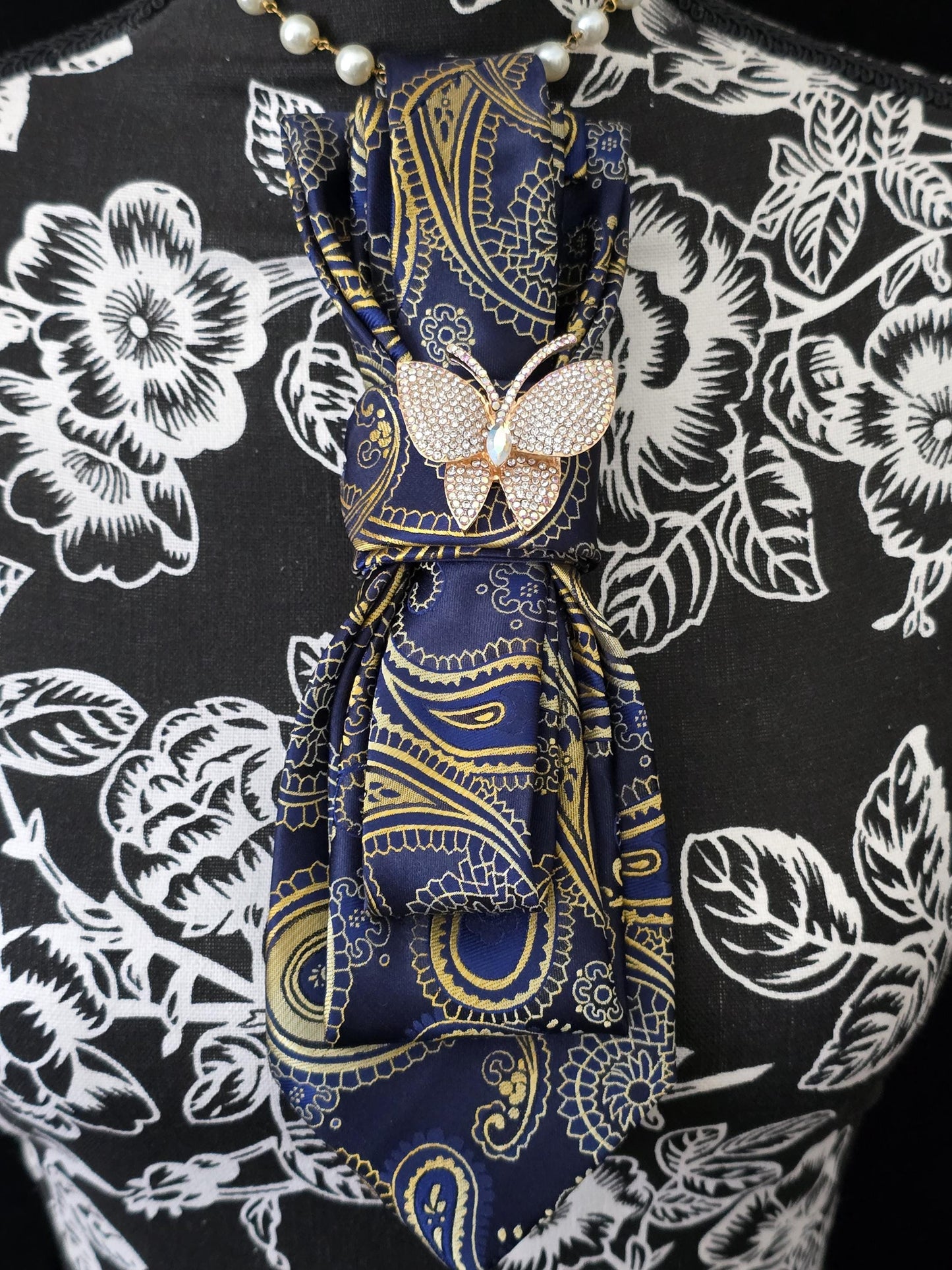 Butterfly Brooch Necklace - Blue and Gold Paisley Women's Tie- Brooch Necktie - Stylish Neckwear For Women