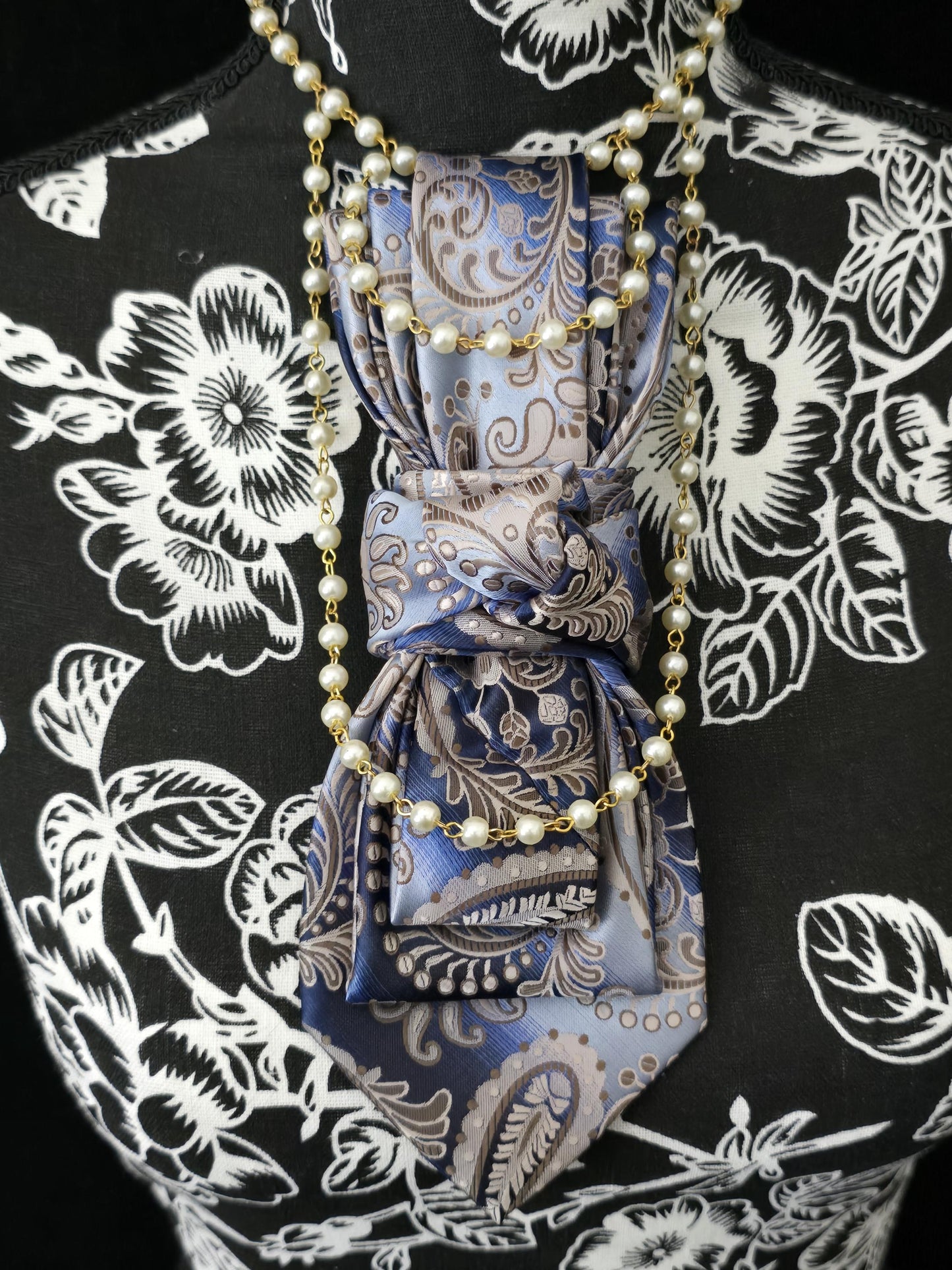Women's Blue and Gray Paisley Necktie Necklace - Brooch Necktie For Women