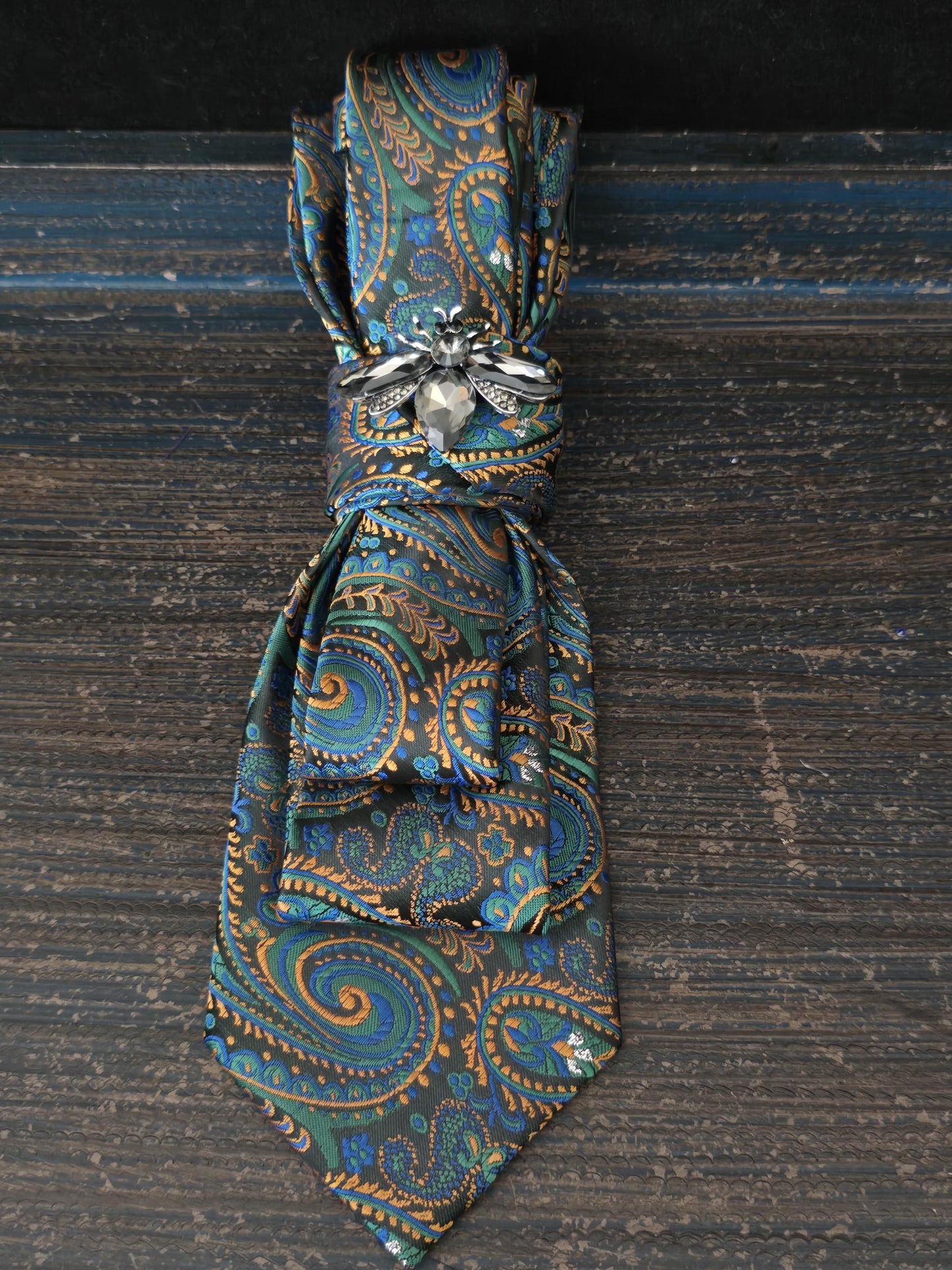 Green and Black Paisley Women's Tie- Butterfly Brooch Necklace - Handcrafted Statement Jewelry - Brooch Necktie -Stylish Neckwear For Women
