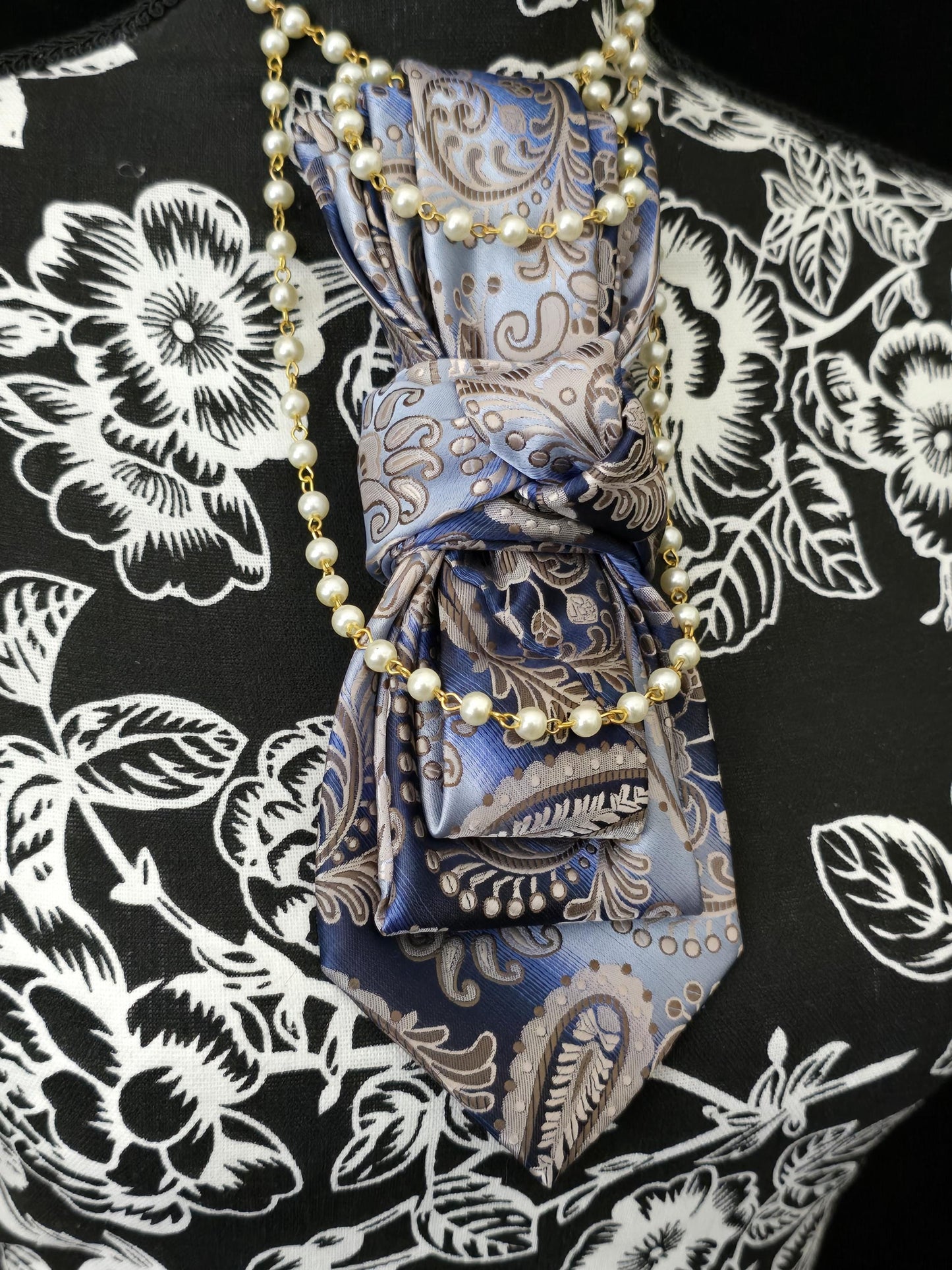 Women's Blue and Gray Paisley Necktie Necklace - Brooch Necktie For Women