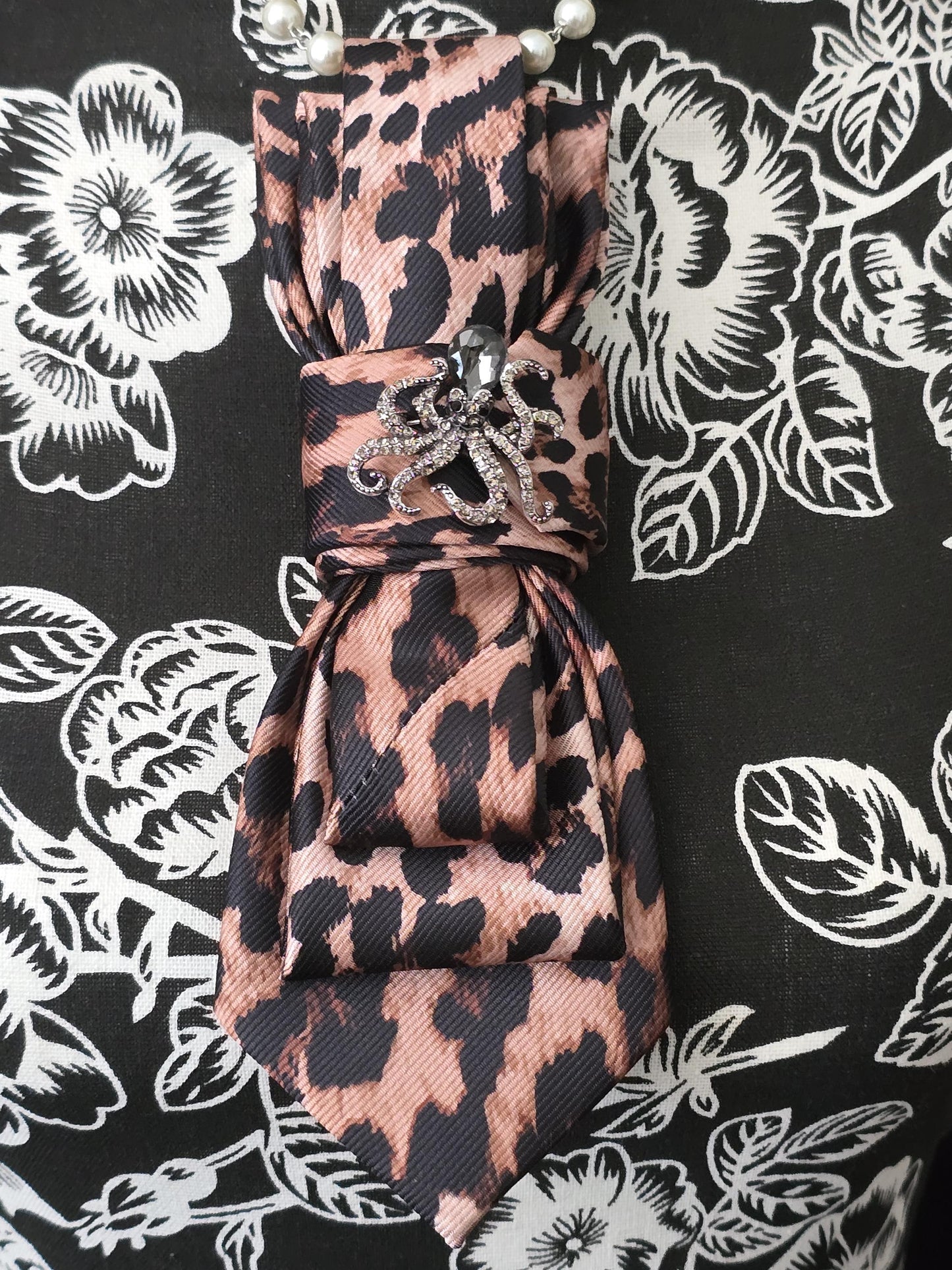 Leopard Print Women's Tie- Brooch Necklace - Brooch Necktie