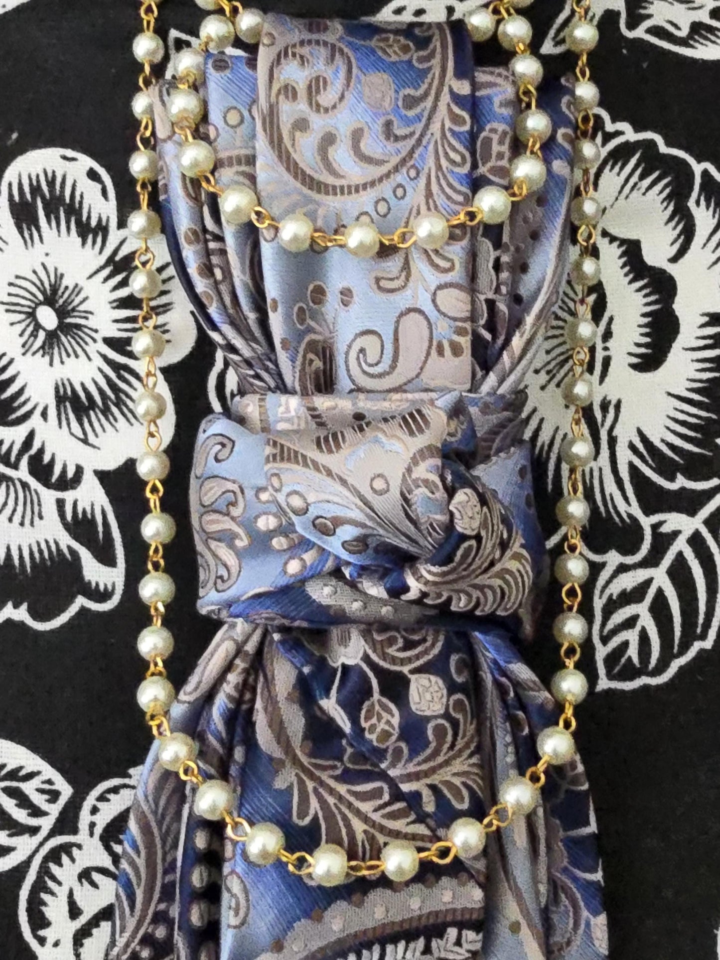 Women's Blue and Gray Paisley Necktie Necklace - Brooch Necktie For Women