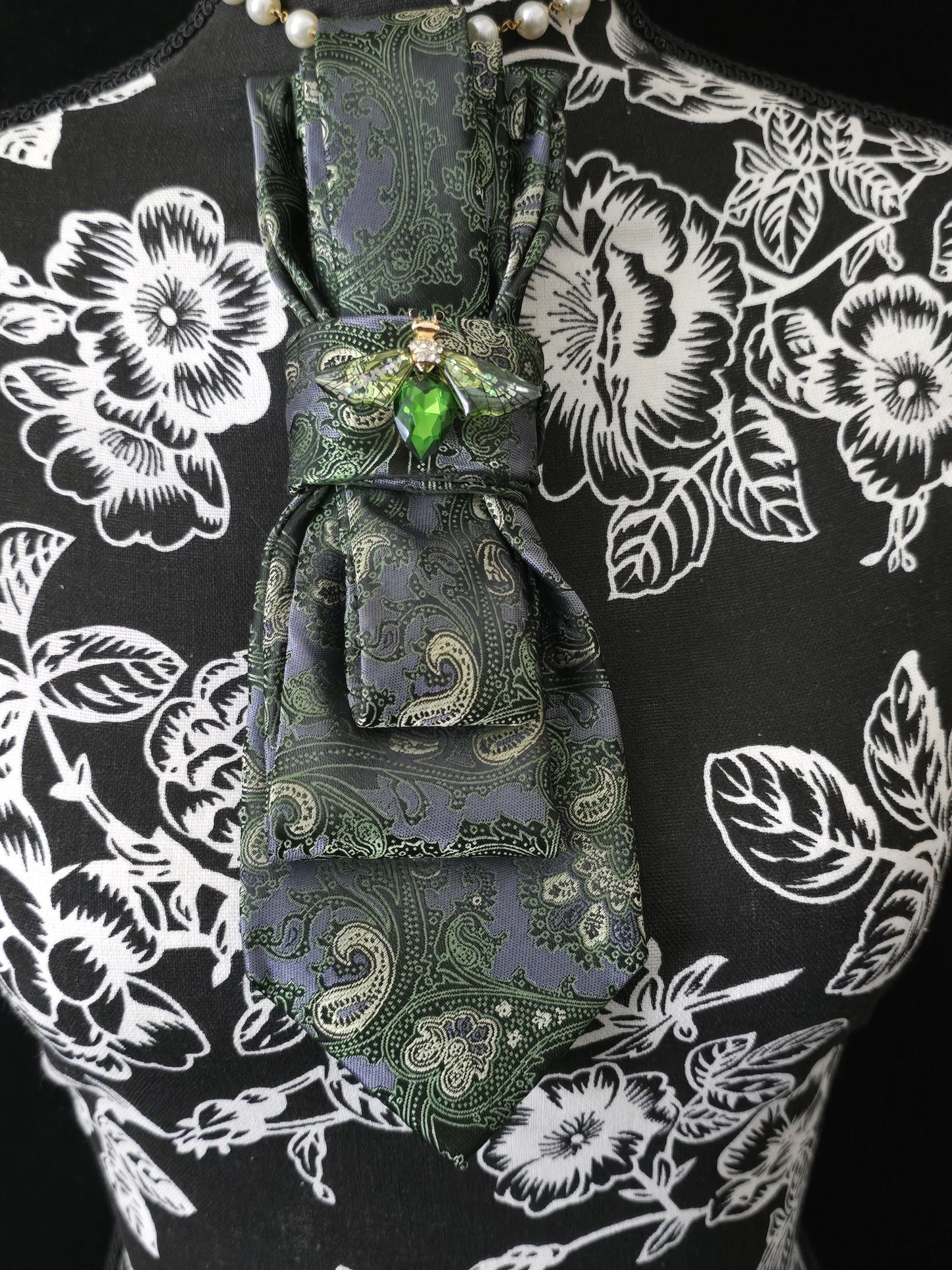 Green and Gray Paisley Women's Tie- Firefly Brooch Necklace - Handcrafted Statement Jewelry - Brooch Necktie -Stylish Neckwear For Women