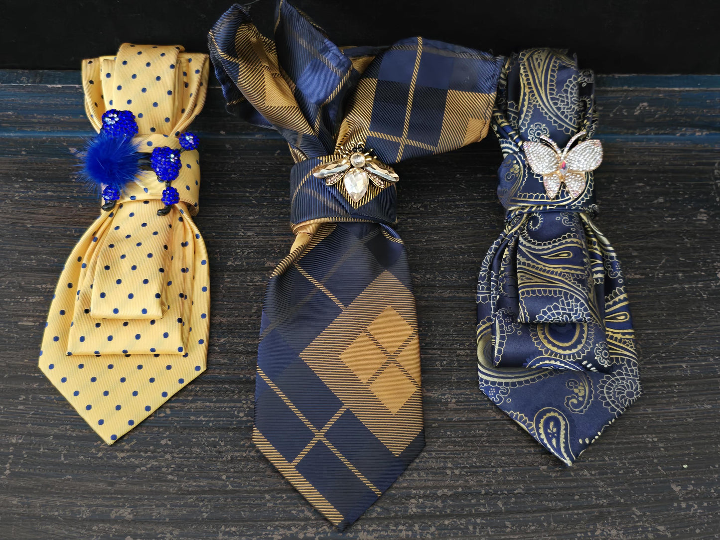Butterfly Brooch Necklace - Blue and Gold Paisley Women's Tie- Brooch Necktie - Stylish Neckwear For Women