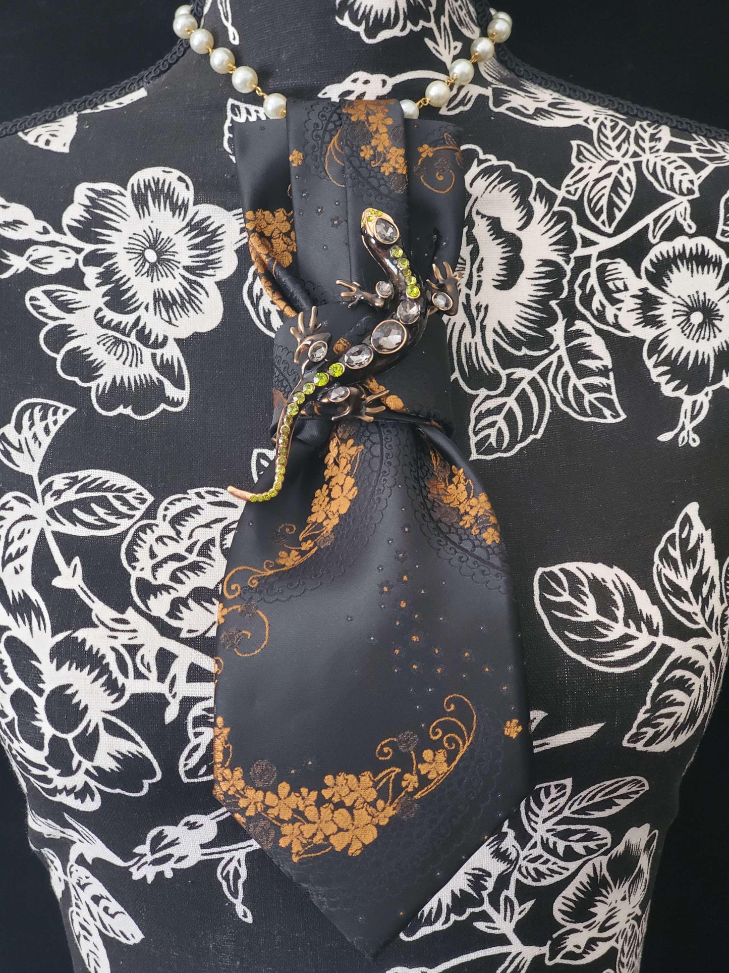 Simply Elegant Black and Gold Women's Necktie Necklace- Handcrafted Statement Jewelry - Brooch Necktie - Stylish Neckwear For Women