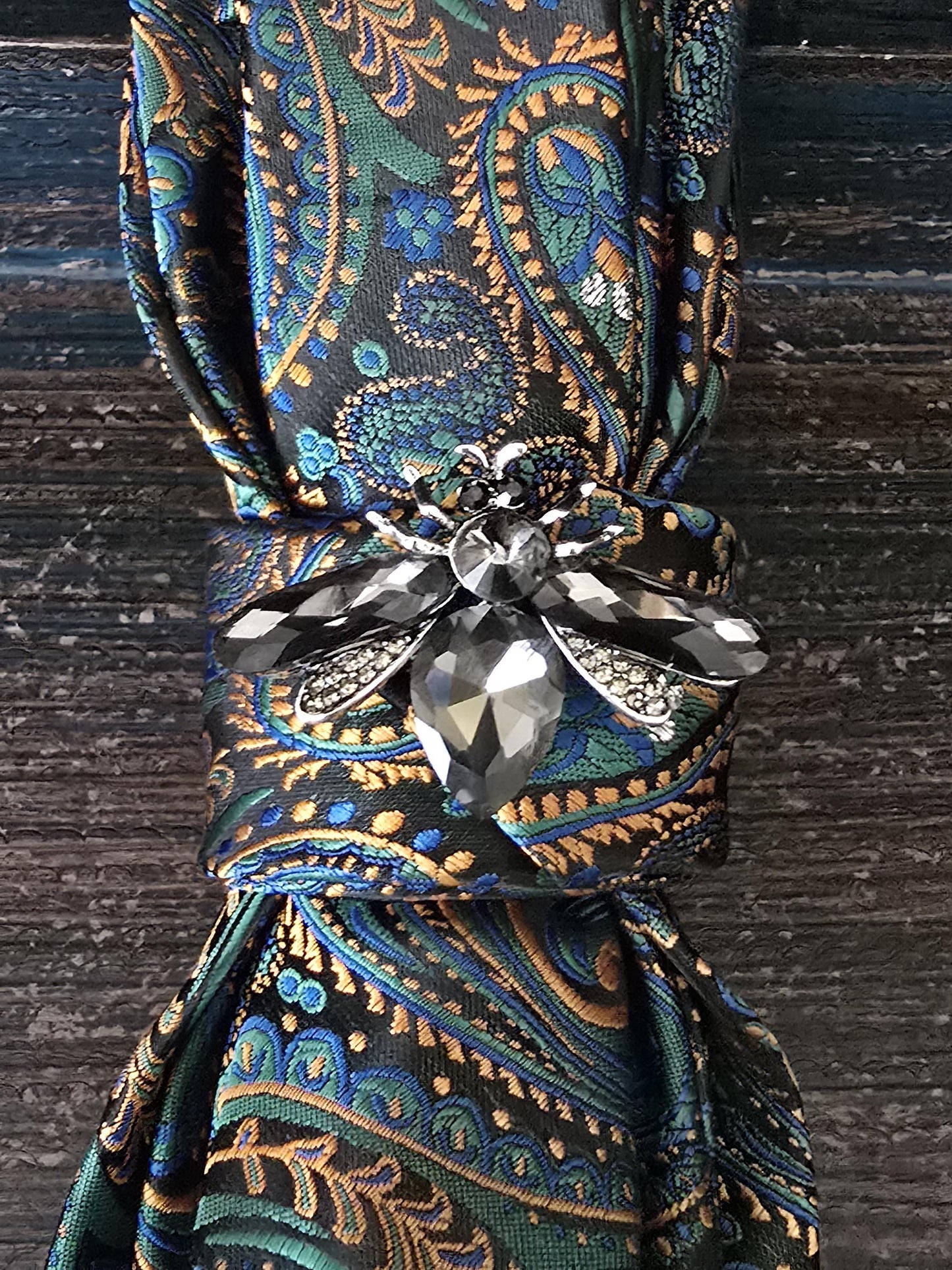 Green and Black Paisley Women's Tie- Butterfly Brooch Necklace - Handcrafted Statement Jewelry - Brooch Necktie -Stylish Neckwear For Women