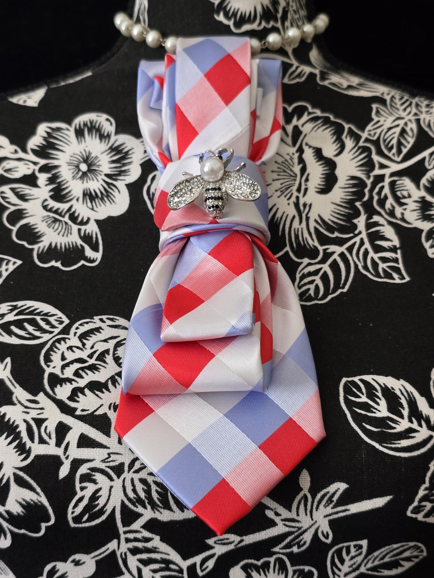 Red, White and Blue Plaid Women's Tie-Brooch Necklace - Handcrafted Statement Jewelry - Brooch Necktie -Stylish Neckwear For Women