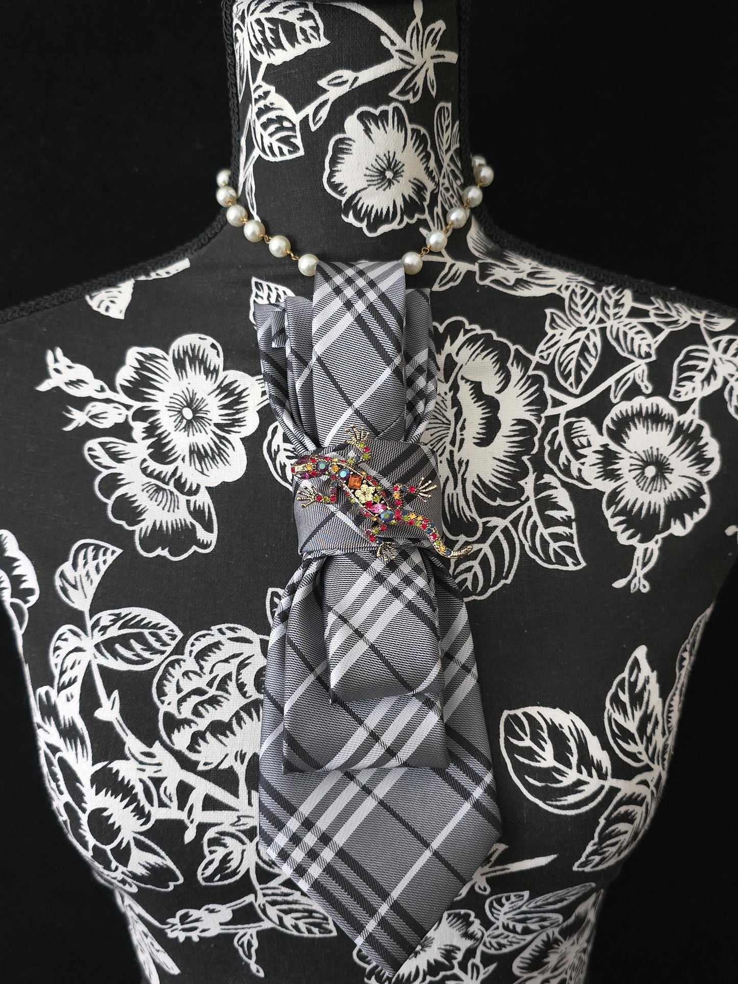 Black and White Plaid Women's Necktie Necklace - Handcrafted Jewelry - Brooch Necktie - Stylish Neckwear For Women
