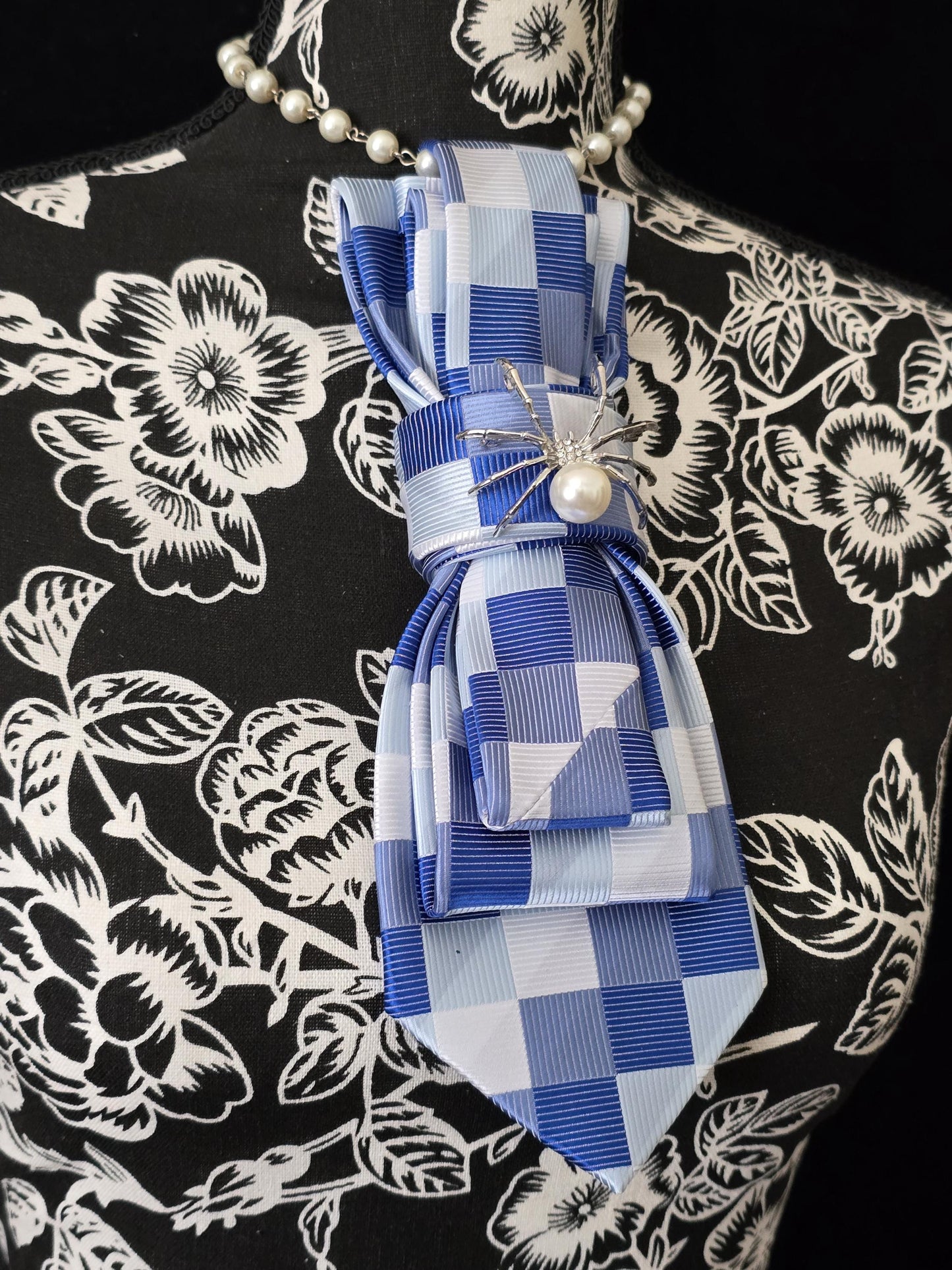 Simply Elegant Blue/White Plaid Women’s Necktie Necklace - Fashion Ties For Women - Stylish Neckwear For Women