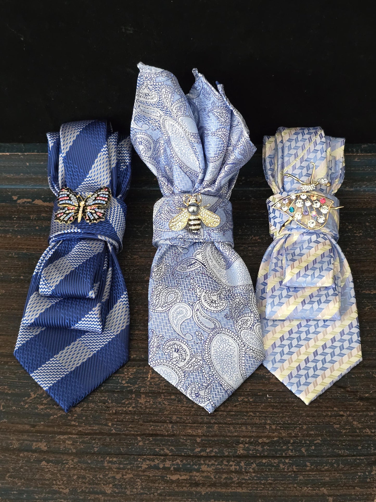 Simple Blue Stripe Women's Tie- Butterfly Brooch Necklace - Brooch Necktie - Stylish Neckwear For Women