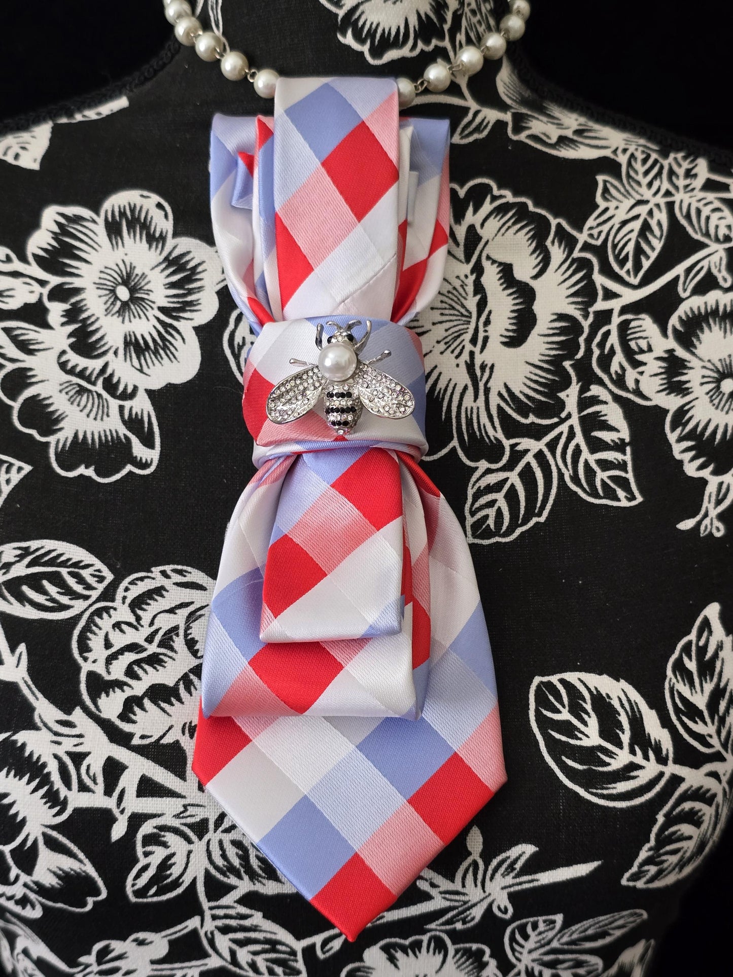 Red, White and Blue Plaid Women's Tie-Brooch Necklace - Handcrafted Statement Jewelry - Brooch Necktie -Stylish Neckwear For Women