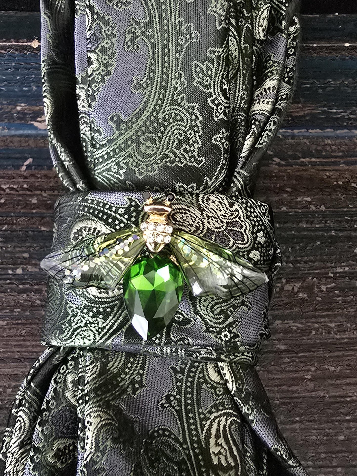 Green and Gray Paisley Women's Tie- Firefly Brooch Necklace - Handcrafted Statement Jewelry - Brooch Necktie -Stylish Neckwear For Women