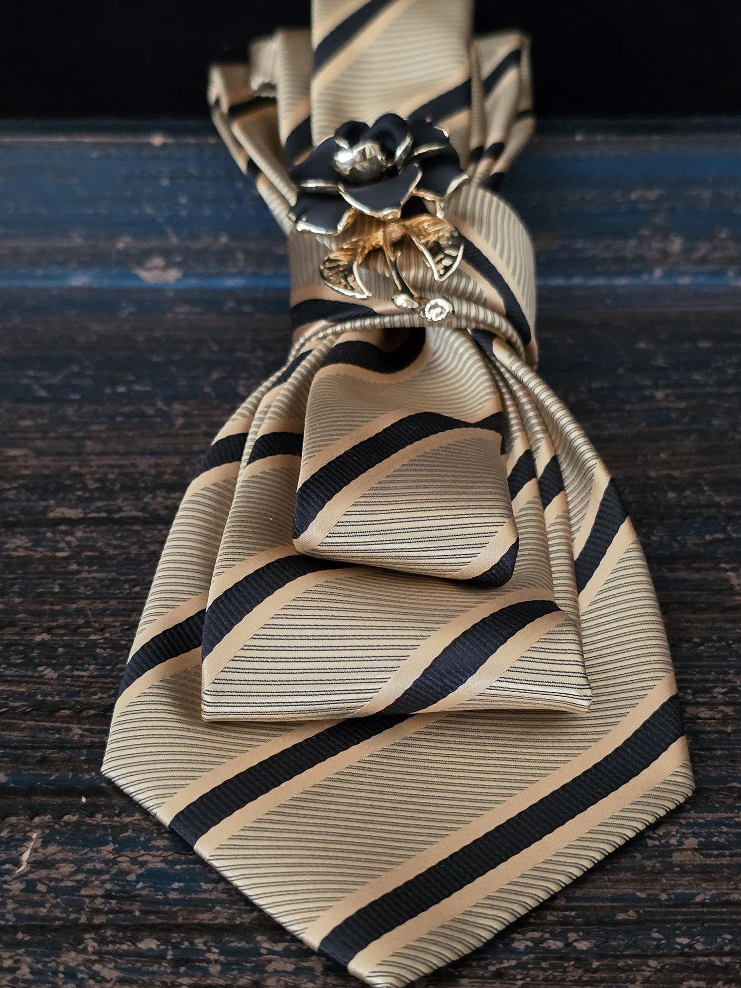 Brooch Necktie - Simply Elegant Black and Gold Stripe Women's Necktie Necklace - Elegant women's tie - Stylish Neckwear For Women