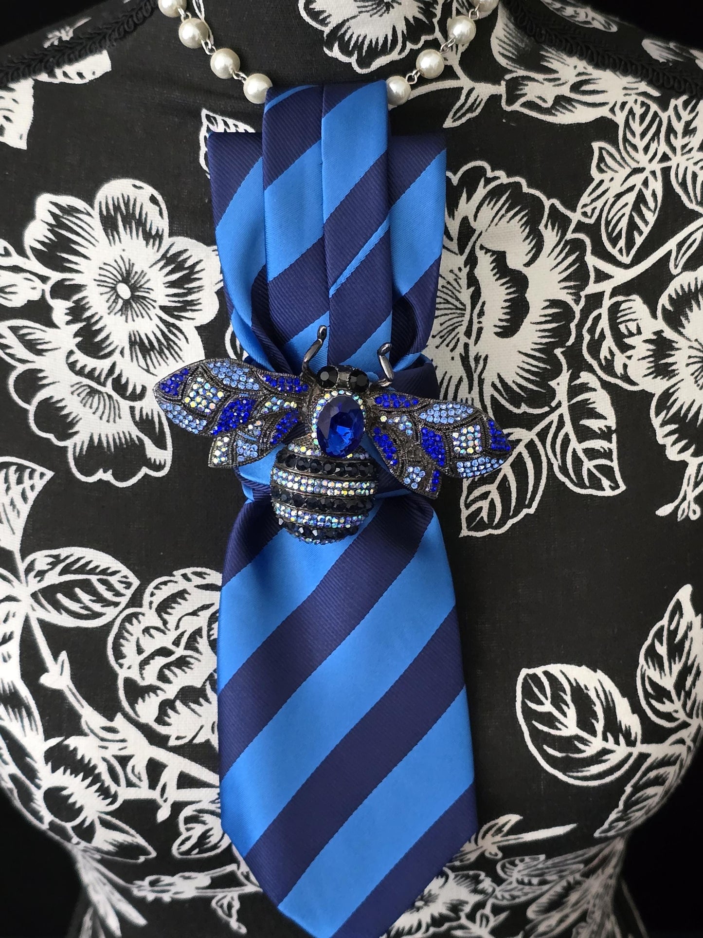 Blue Stripe Women's Necktie Necklace - Brooch Necktie - Stylish Neckwear For Women