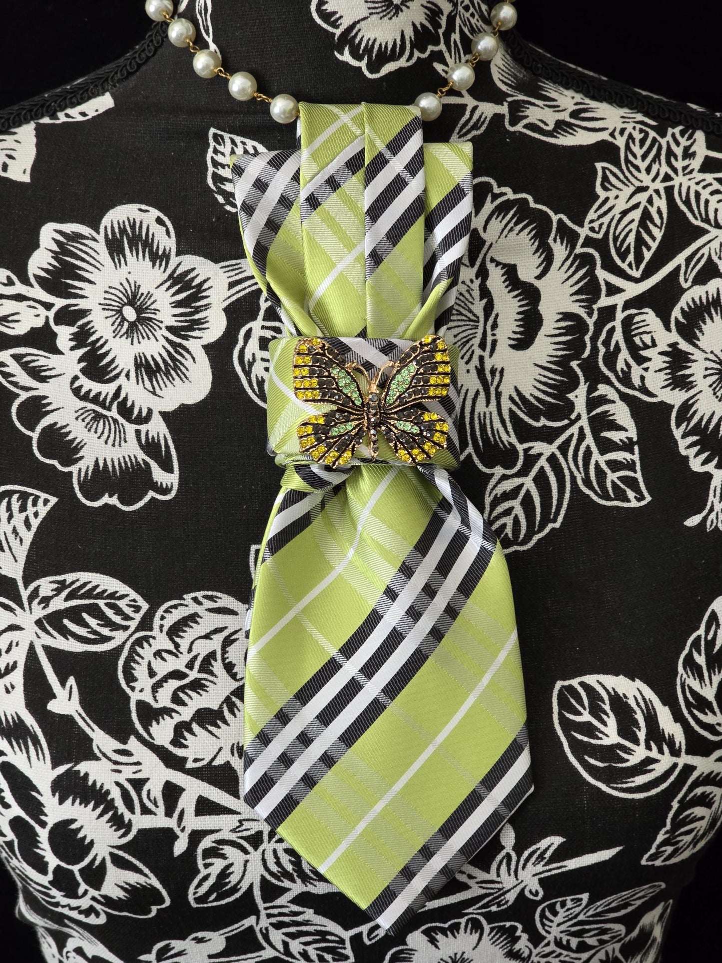 Lime and Black Plaid Women's Necktie Necklace - Handcrafted Jewelry - Brooch Necktie - Stylish Neckwear For Women