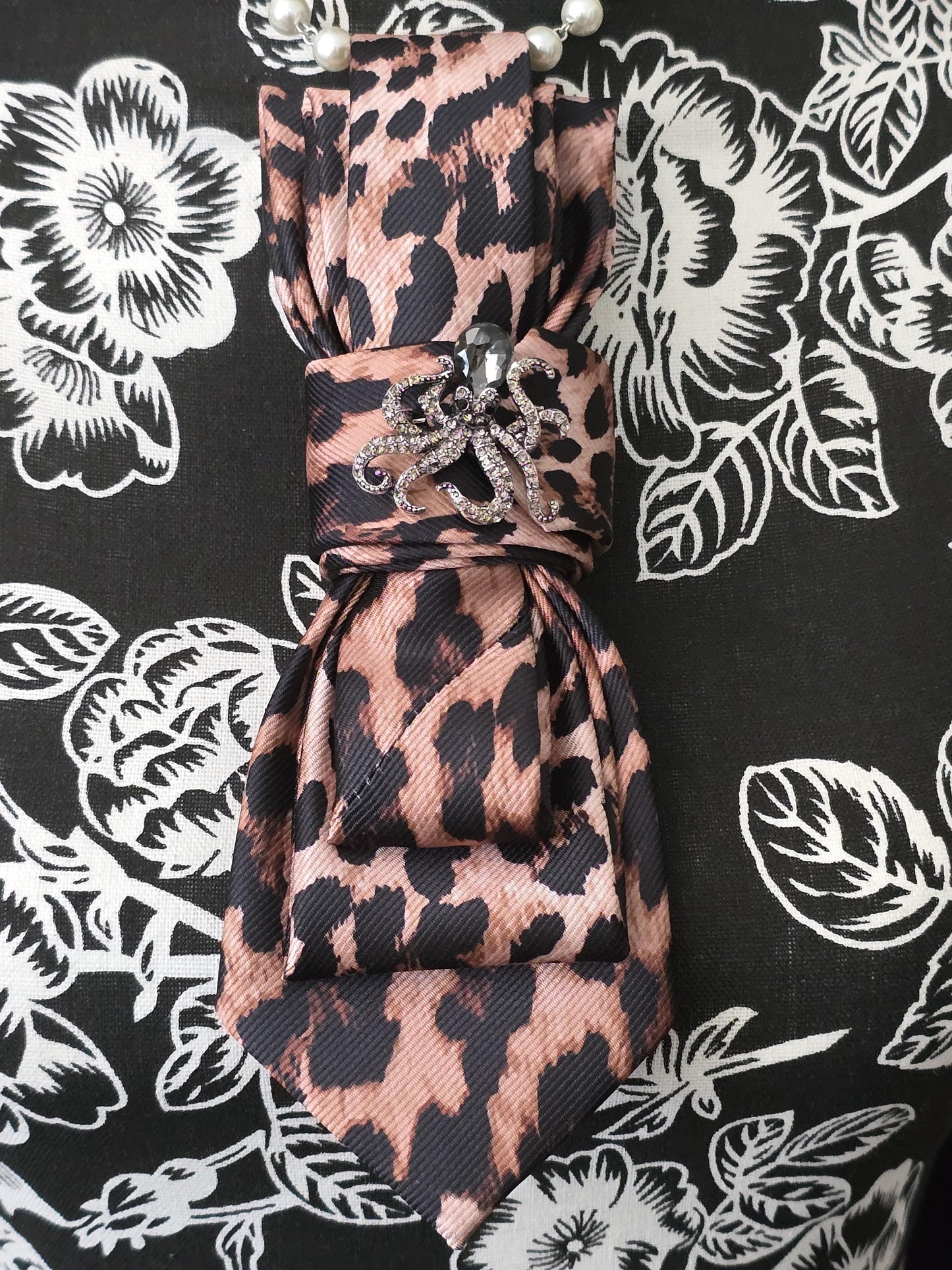 Leopard Print Women's Tie- Brooch Necklace - Brooch Necktie