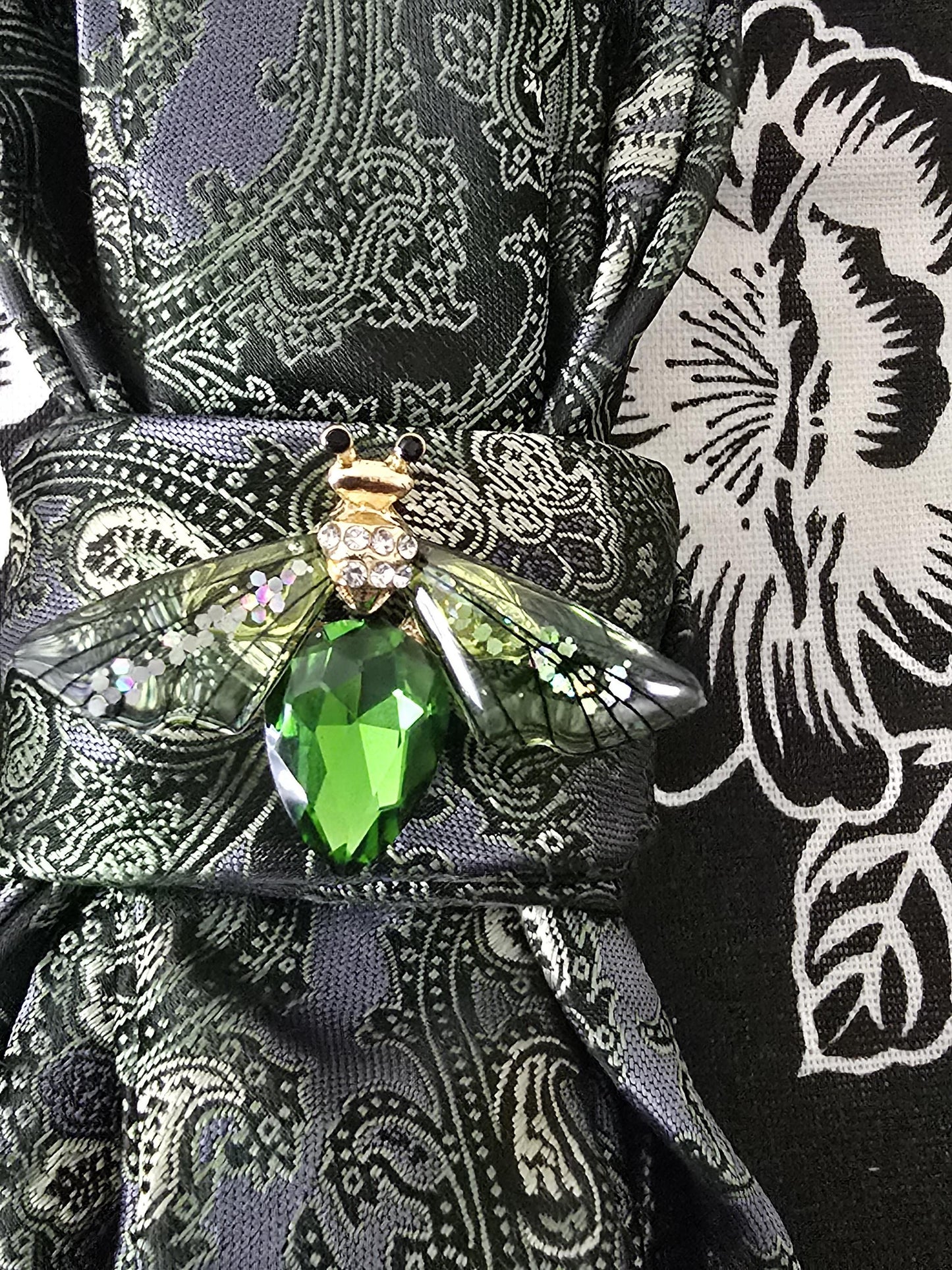 Green and Gray Paisley Women's Tie- Firefly Brooch Necklace - Handcrafted Statement Jewelry - Brooch Necktie -Stylish Neckwear For Women