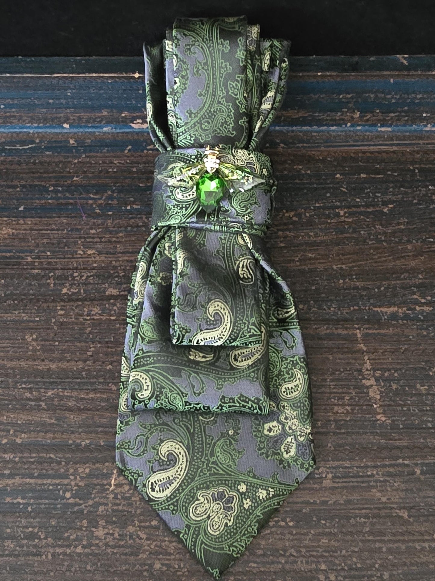 Green and Gray Paisley Women's Tie- Firefly Brooch Necklace - Handcrafted Statement Jewelry - Brooch Necktie -Stylish Neckwear For Women