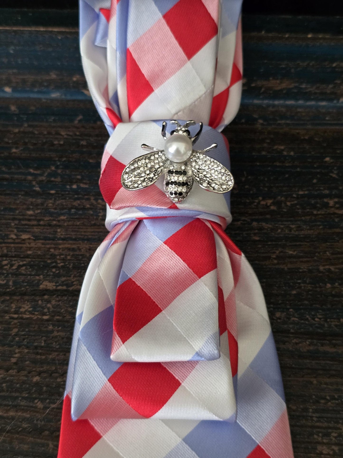 Red, White and Blue Plaid Women's Tie-Brooch Necklace - Handcrafted Statement Jewelry - Brooch Necktie -Stylish Neckwear For Women