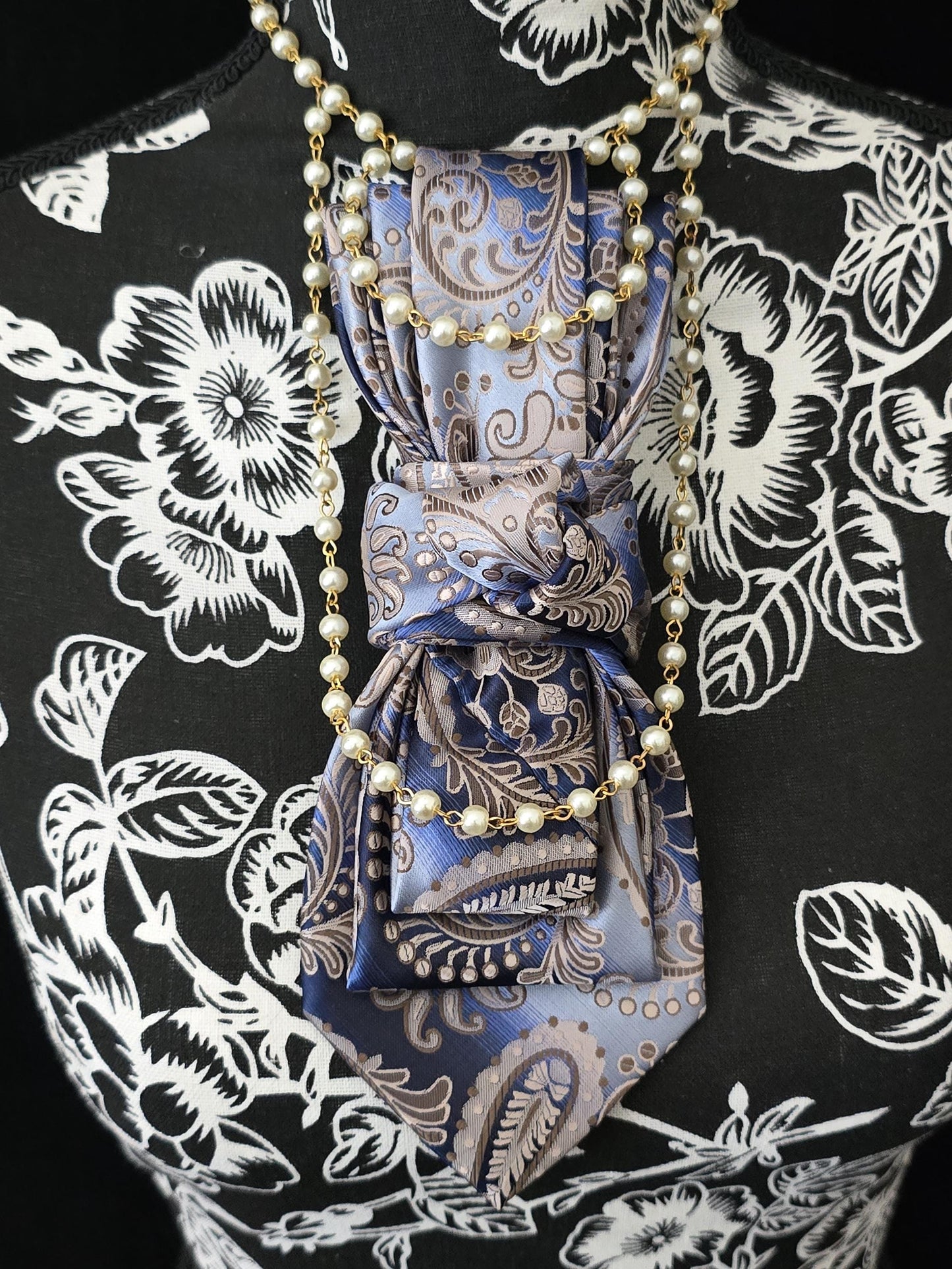 Women's Blue and Gray Paisley Necktie Necklace - Brooch Necktie For Women